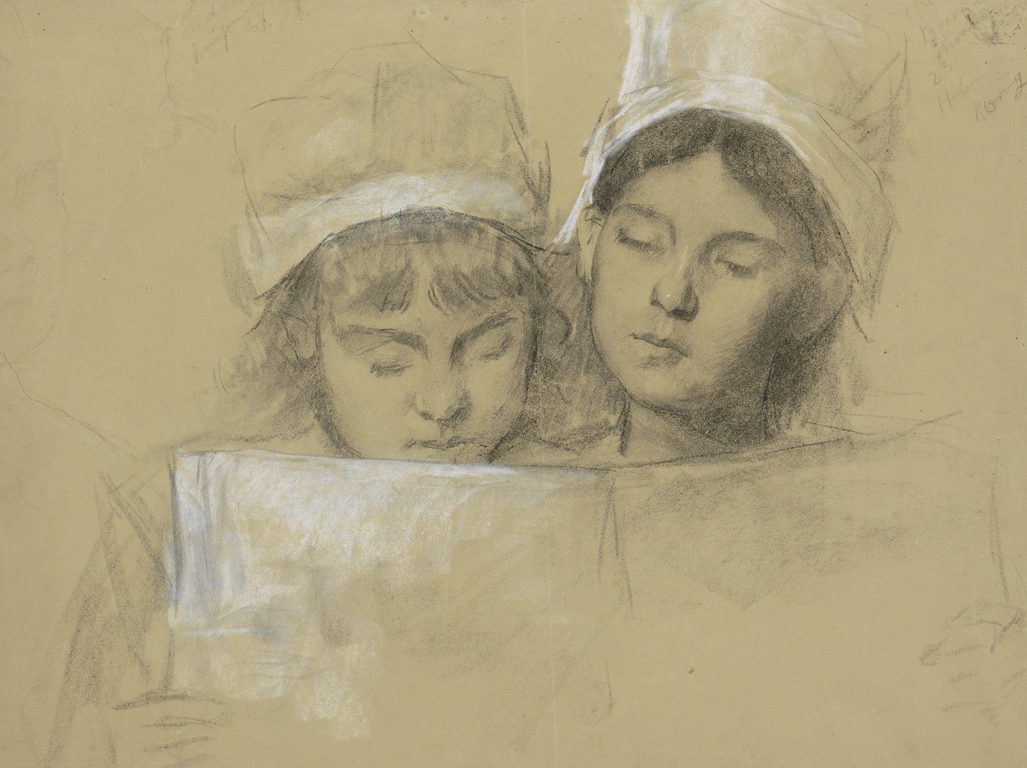 Twee Meisjes Met Witte Mutsen Lezend In Een Boek by Therese Schwartze