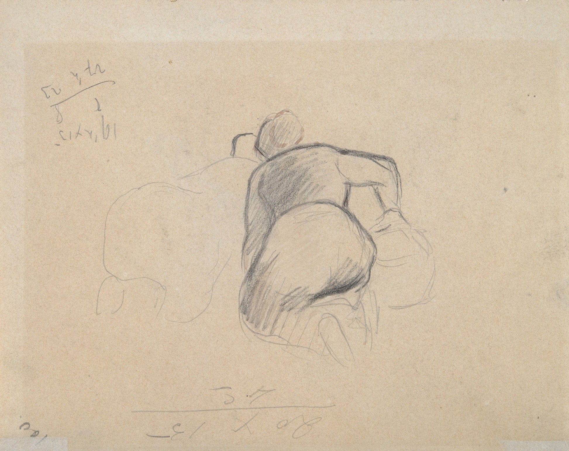 Two Farm Women Kneeling Mid To Late Th Century by Camille Pissarro