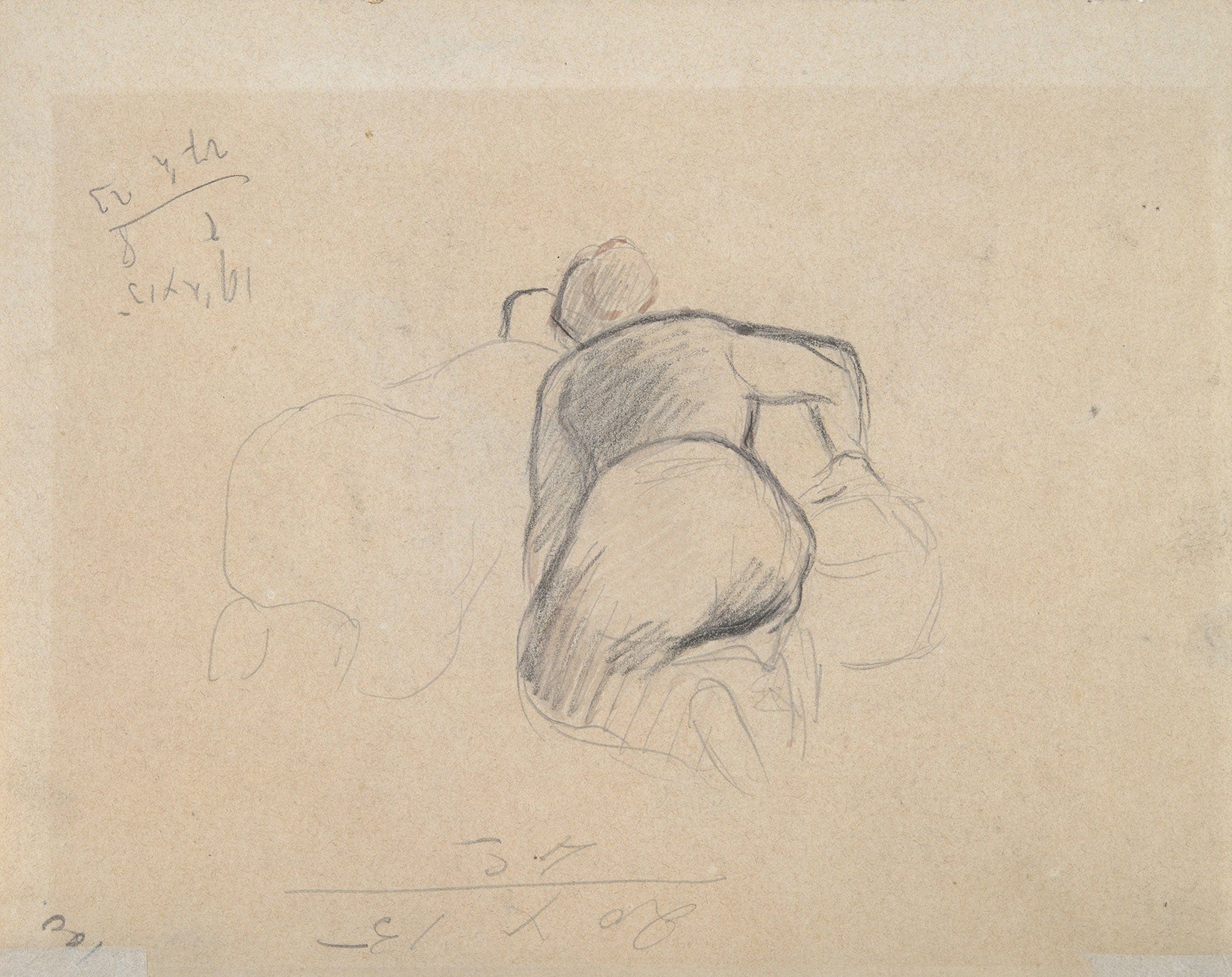 Two Farm Women Kneeling Mid To Late Th Century by Camille Pissarro