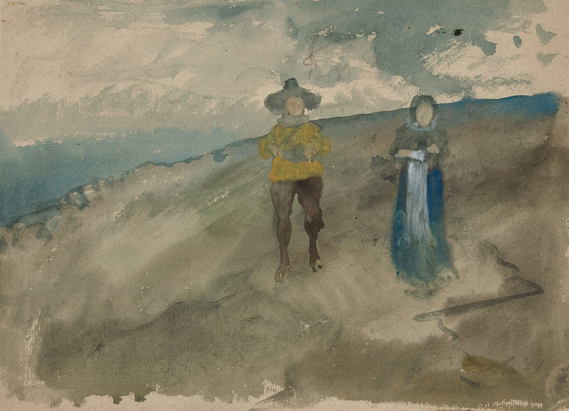 Two Figures In A Landscape Recto Study Of Mans Head Self Portrait Verso by Edwin Austin Abbey