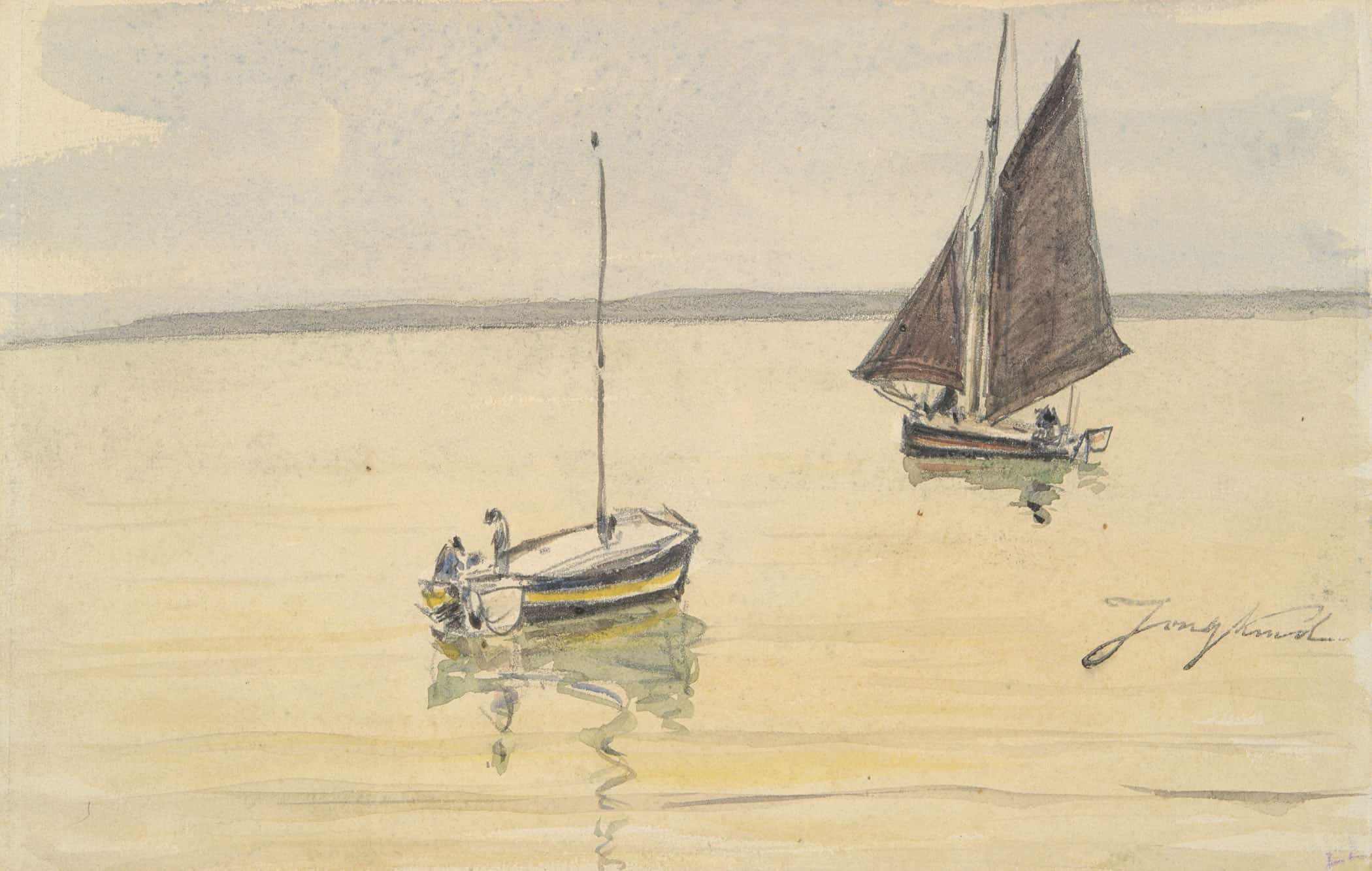 Two Fishing Boats On Calm Water Mid To Late Th Century by Johan Barthold Jongkind