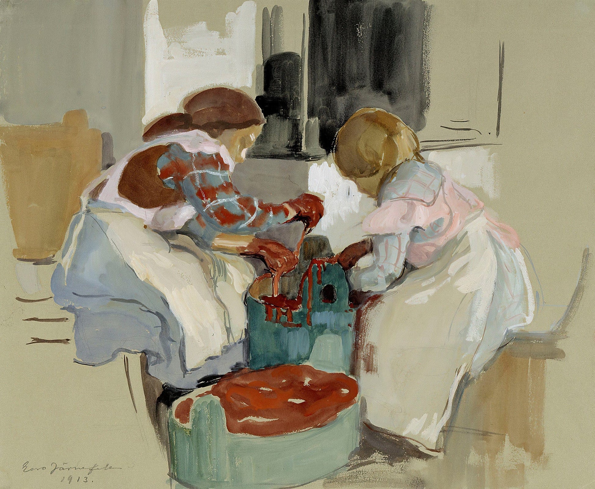 Two Girls Dyeing Fabric by Eero Jarnefelt
