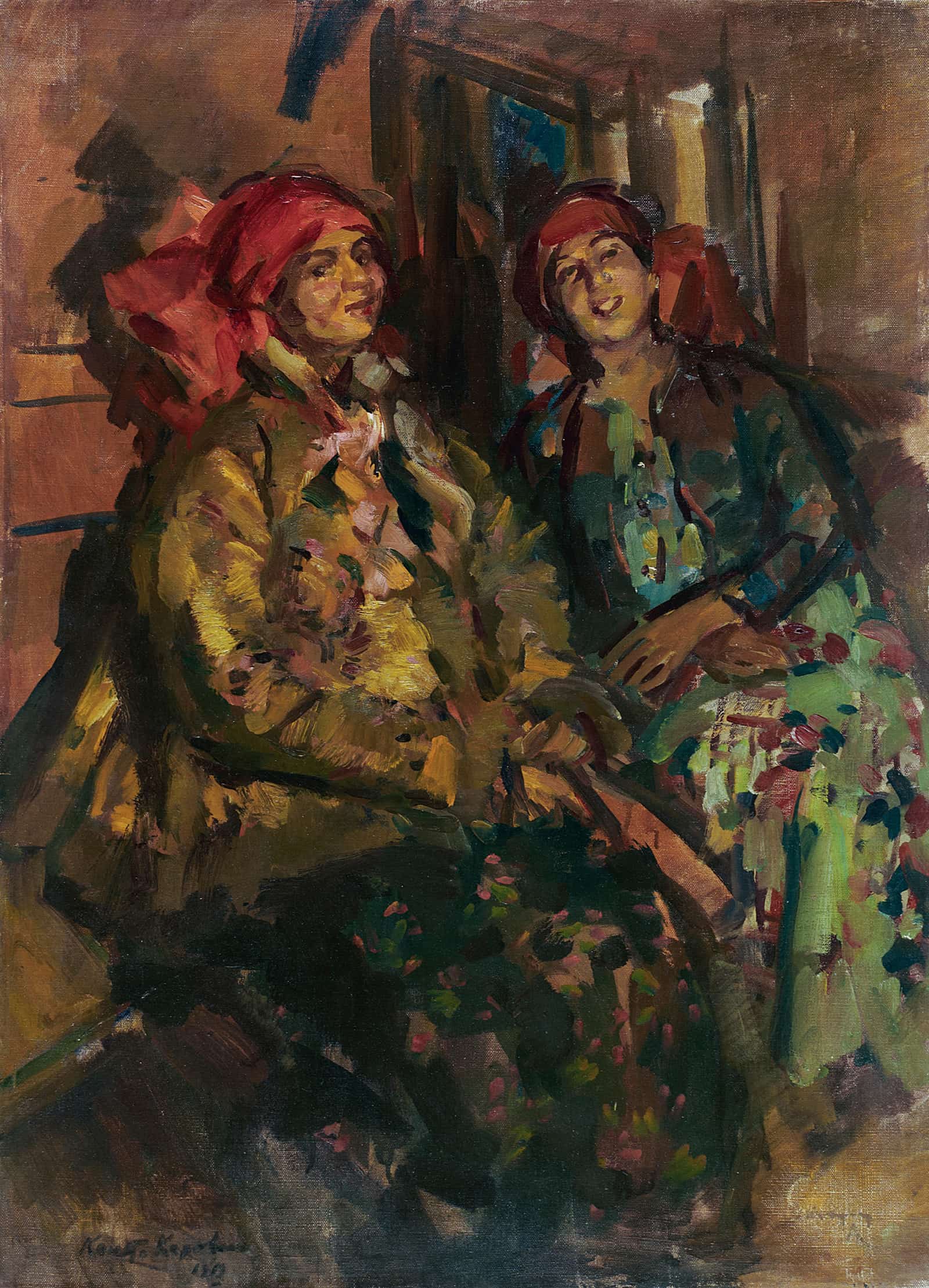 Two Girls In Peasant Costumes by Konstantin Alexeevich Korovin