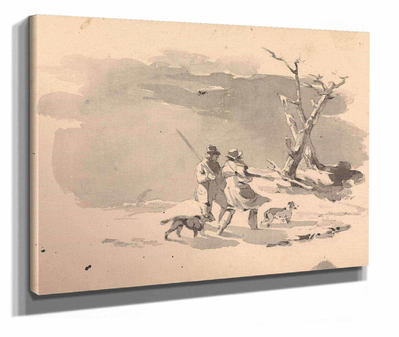 Two Hunters And Two Dogs In Winter Scene by Thomas Sully