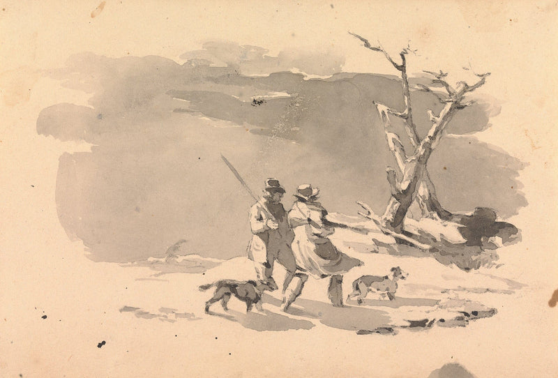 Two Hunters And Two Dogs In Winter Scene by Thomas Sully