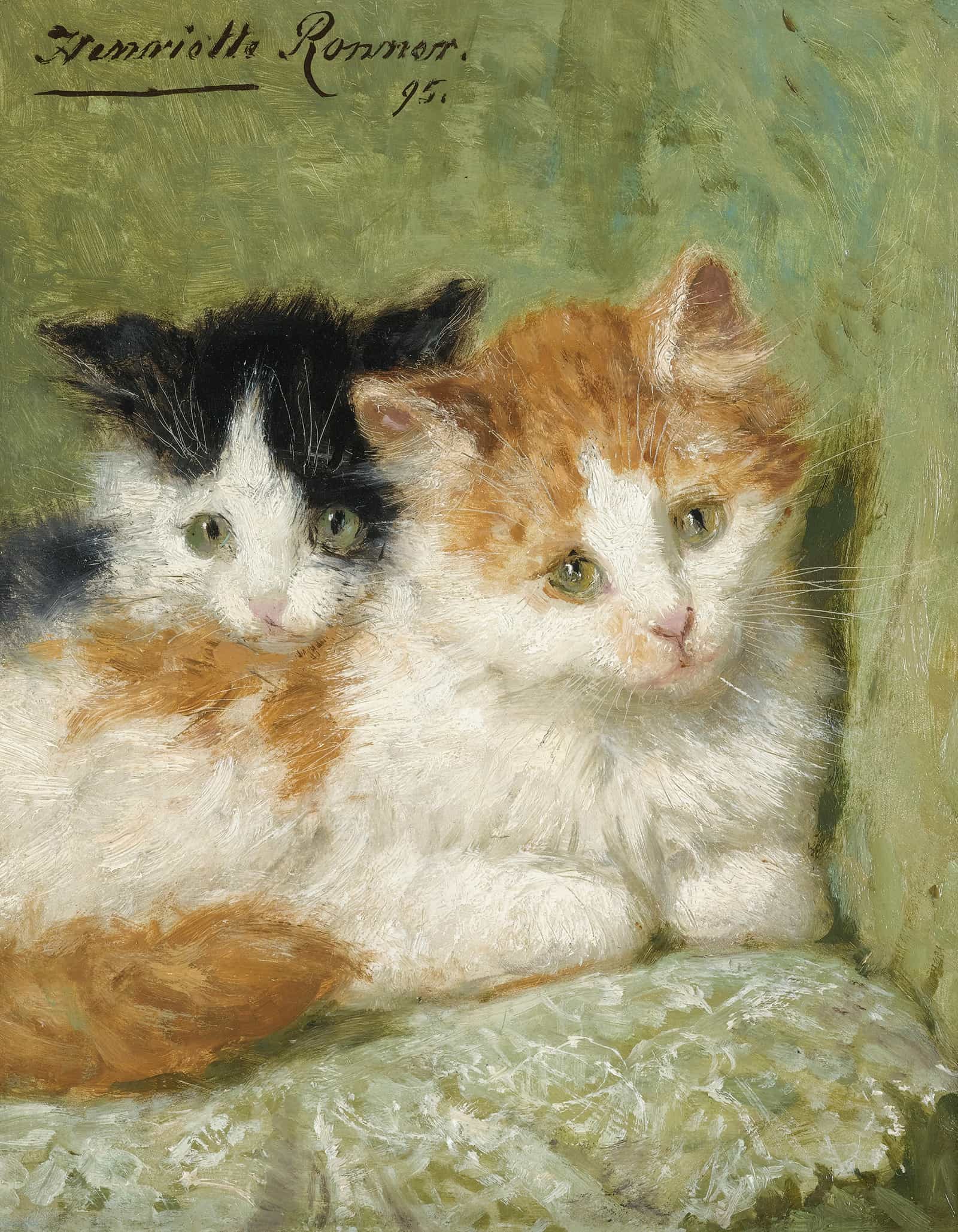 Two Kittens Sitting On A Cushion by Henriette Ronner Knip