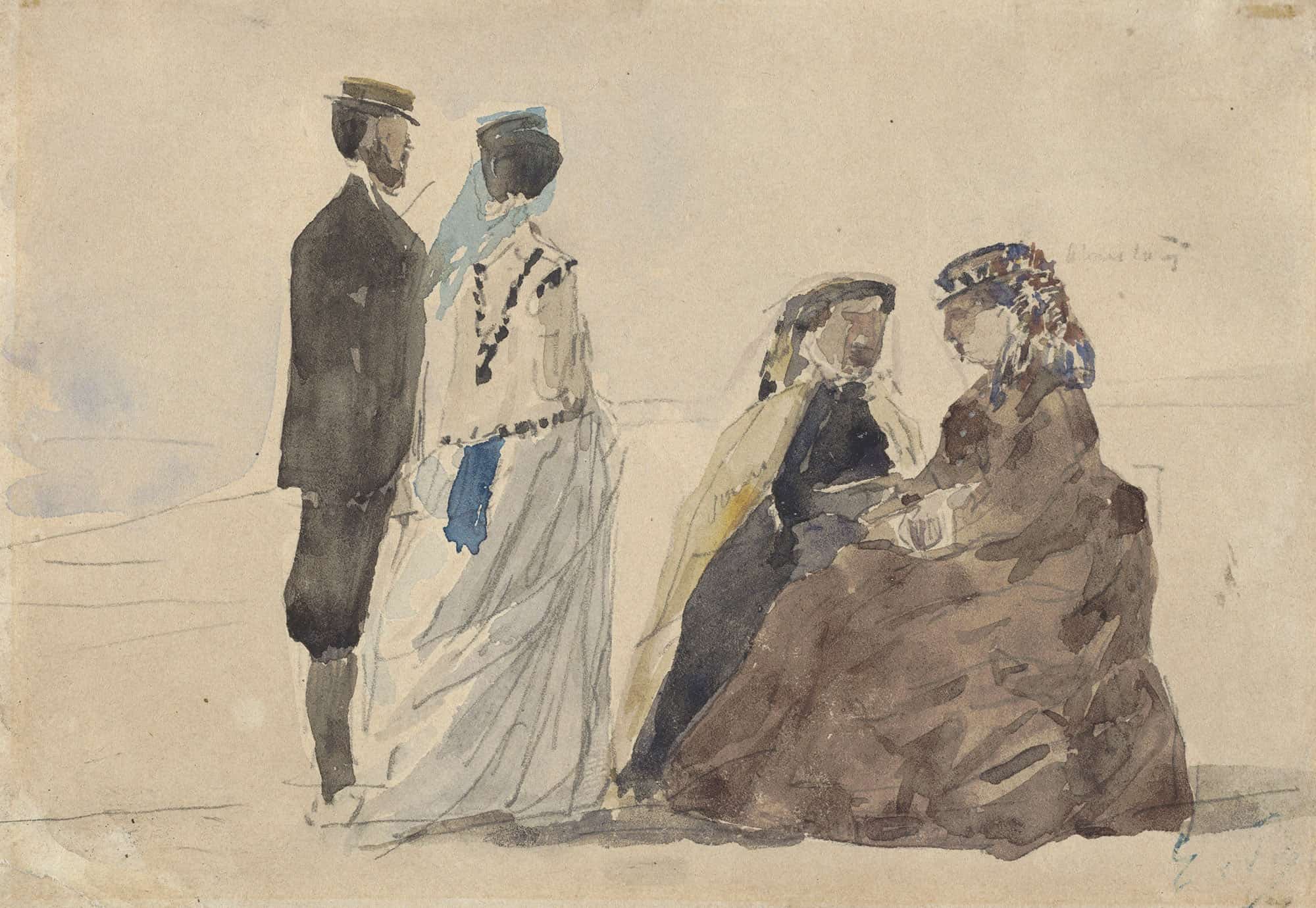 Two Ladies Seated And A Couple Walking On The Beach by Eugene Boudin