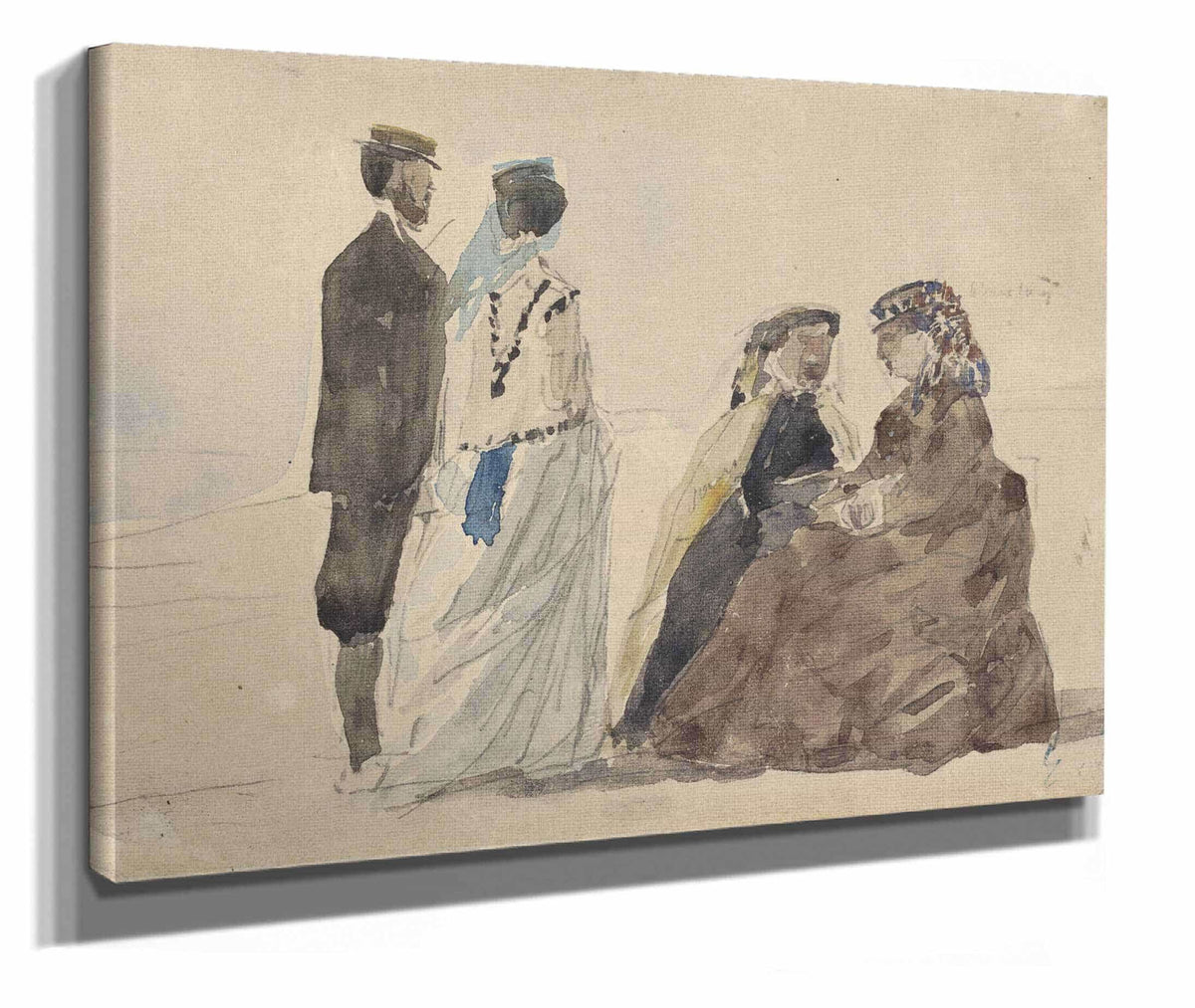 Two Ladies Seated And A Couple Walking On The Beach by Eugene Boudin