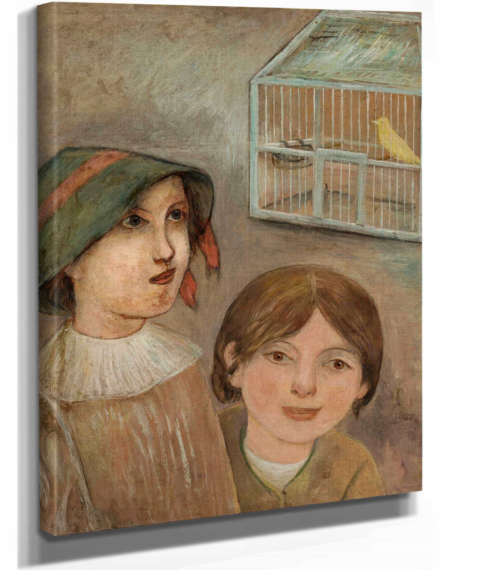 Two Little Girls Beside A Cage With A Canary by Tadeusz Makowski