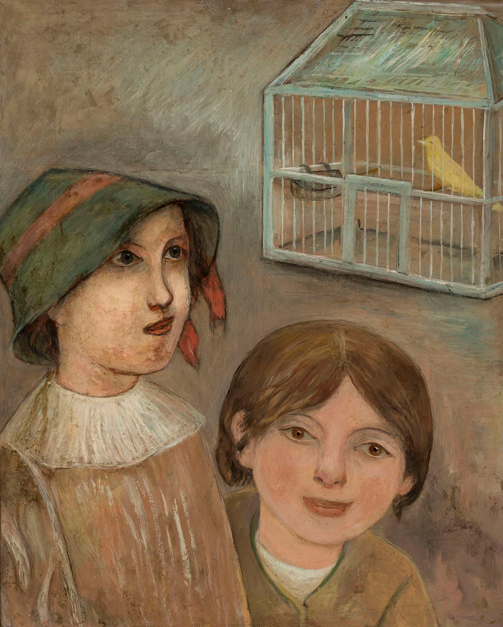 Two Little Girls Beside A Cage With A Canary by Tadeusz Makowski