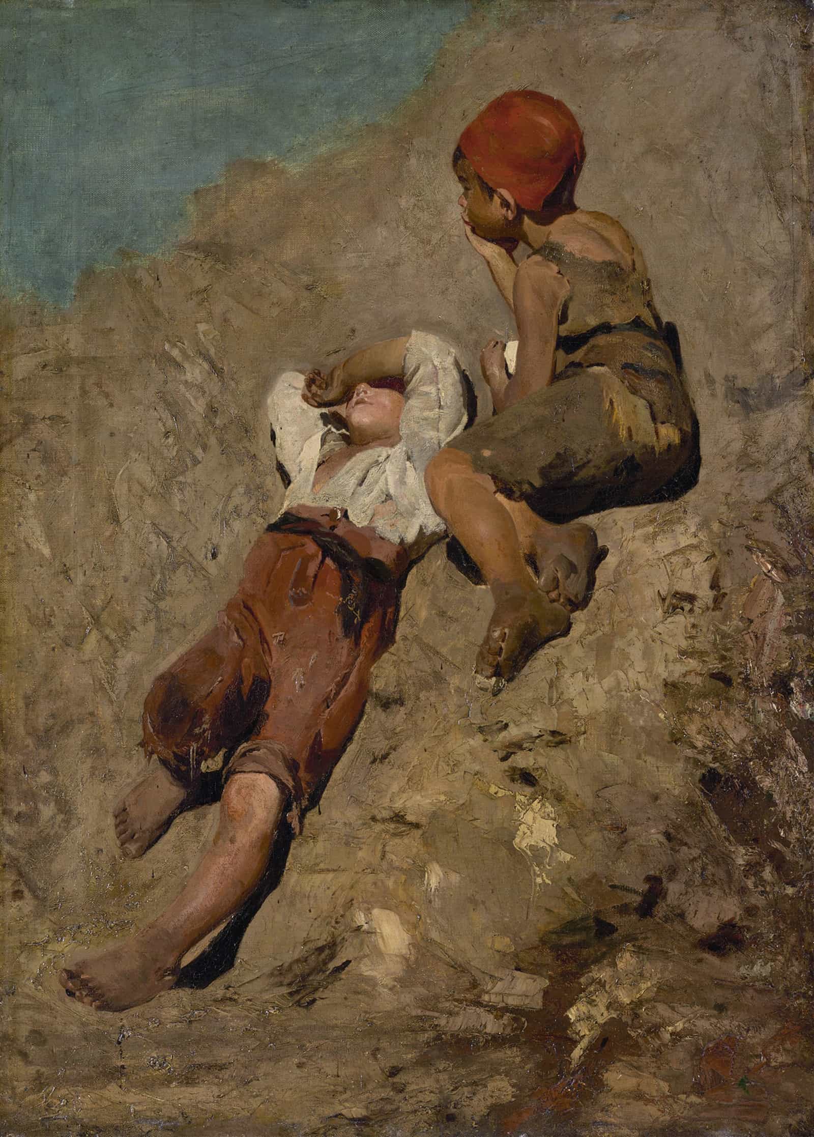 Two Peasant Boys On A Slope by Franz Von Lenbach