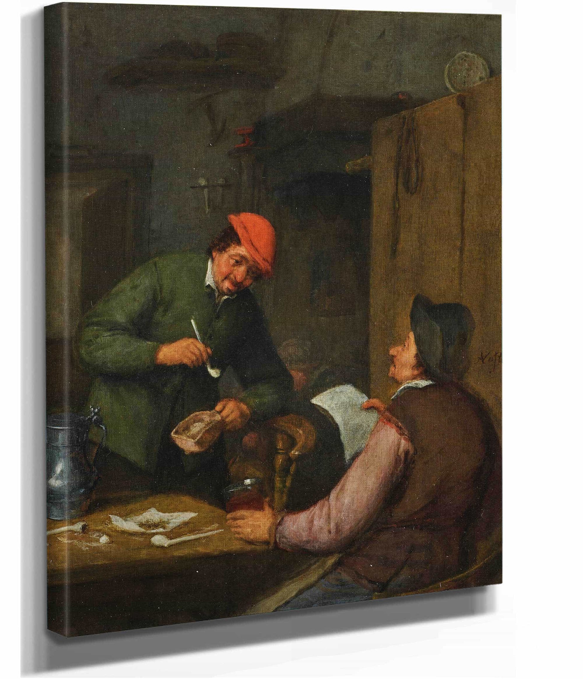 Two Peasants Smoking Drinking And Reading At An Inn by Adriaen Van Ostade