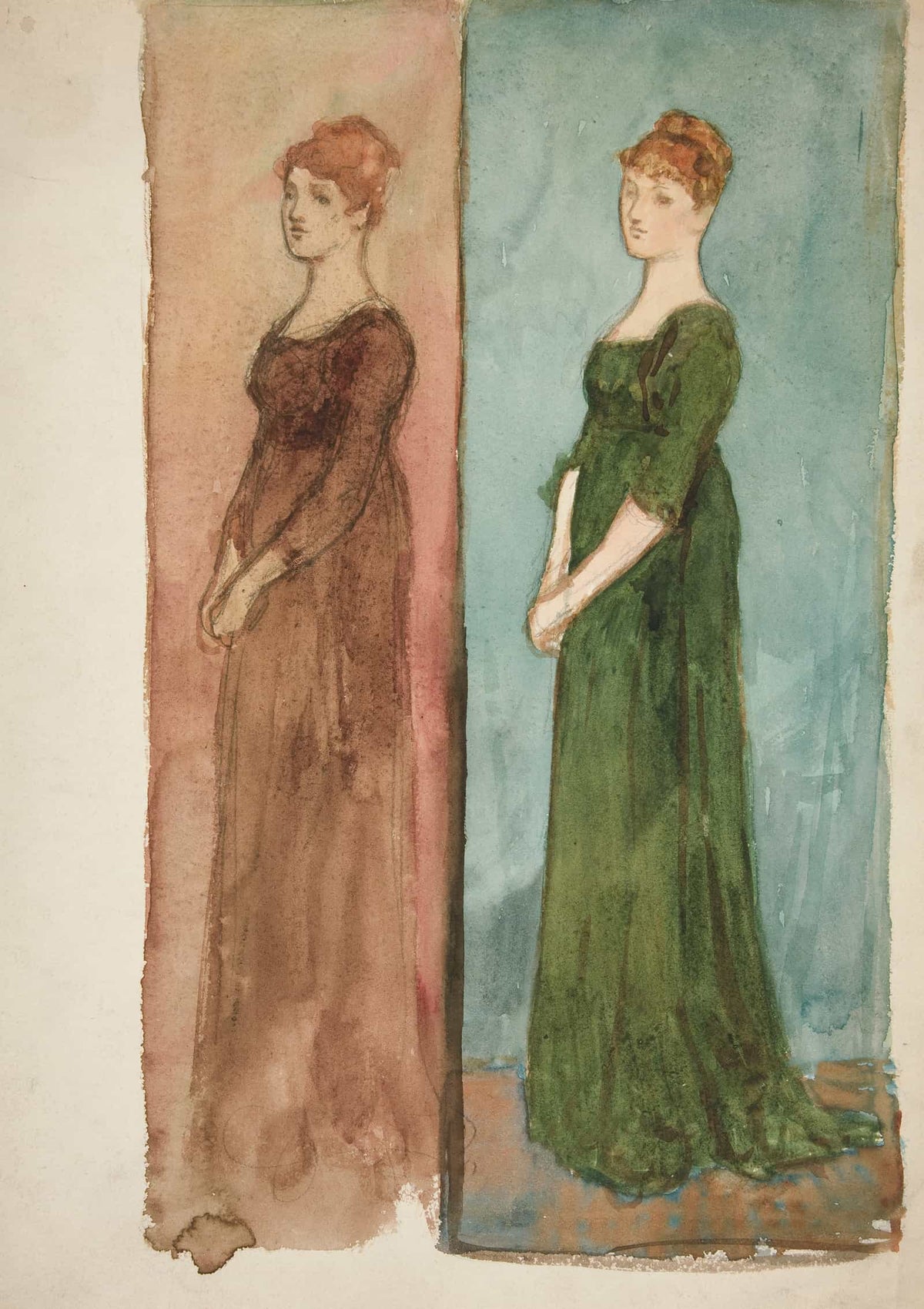 Two Sketches Of A Woman Dressed In Red In Green Costume Studies For A Play by Edwin Austin Abbey