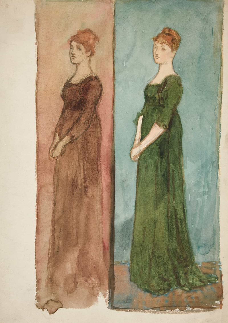 Two Sketches Of A Woman Dressed In Red In Green Costume Studies For A Play by Edwin Austin Abbey