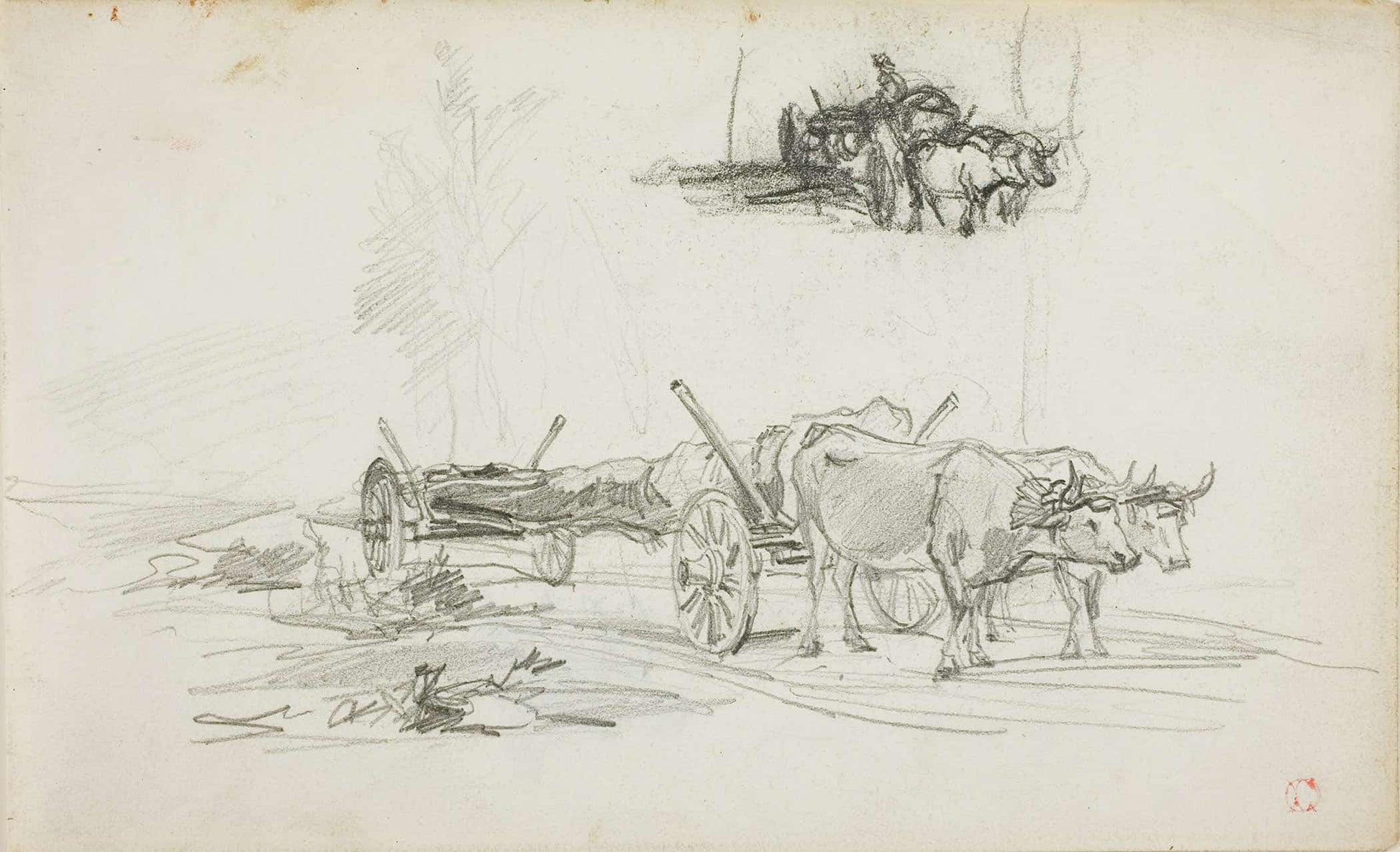 Two Sketches Of Oxen Hauling A Log by Charles Francois Daubigny