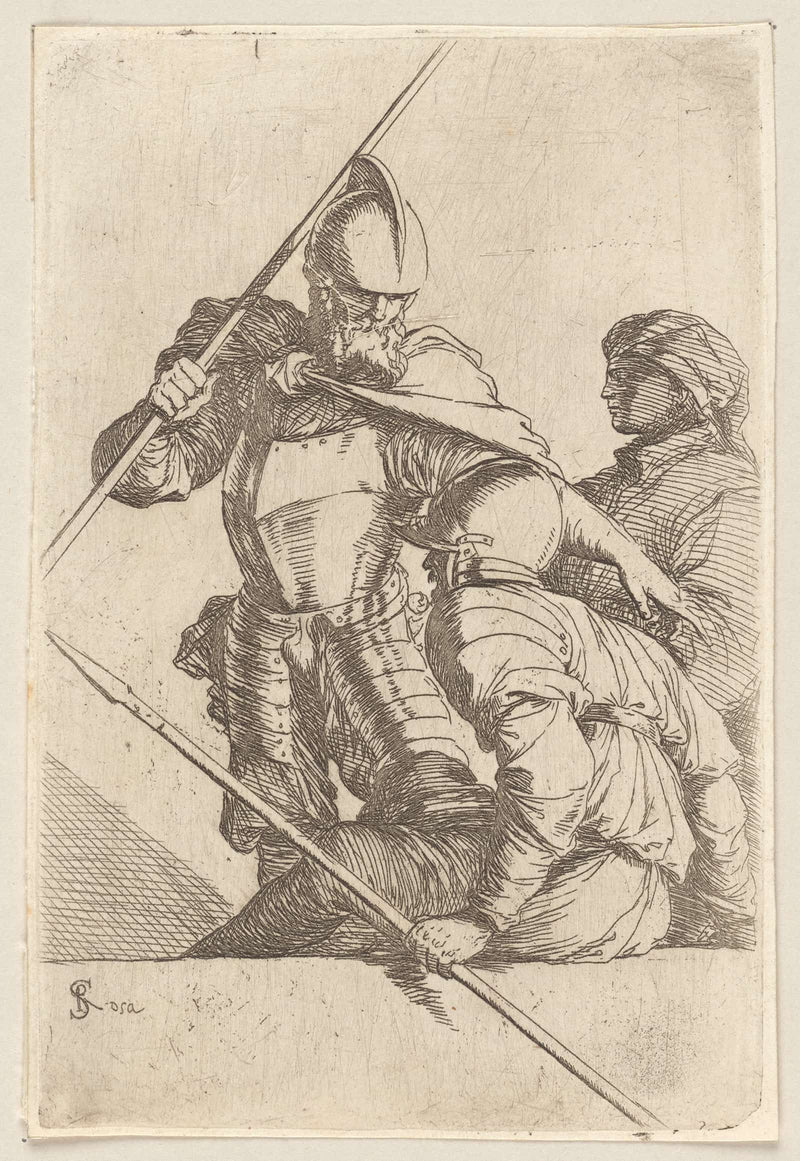 Two Soldiers One In Helmet And Bearded  by Salvator Rosa