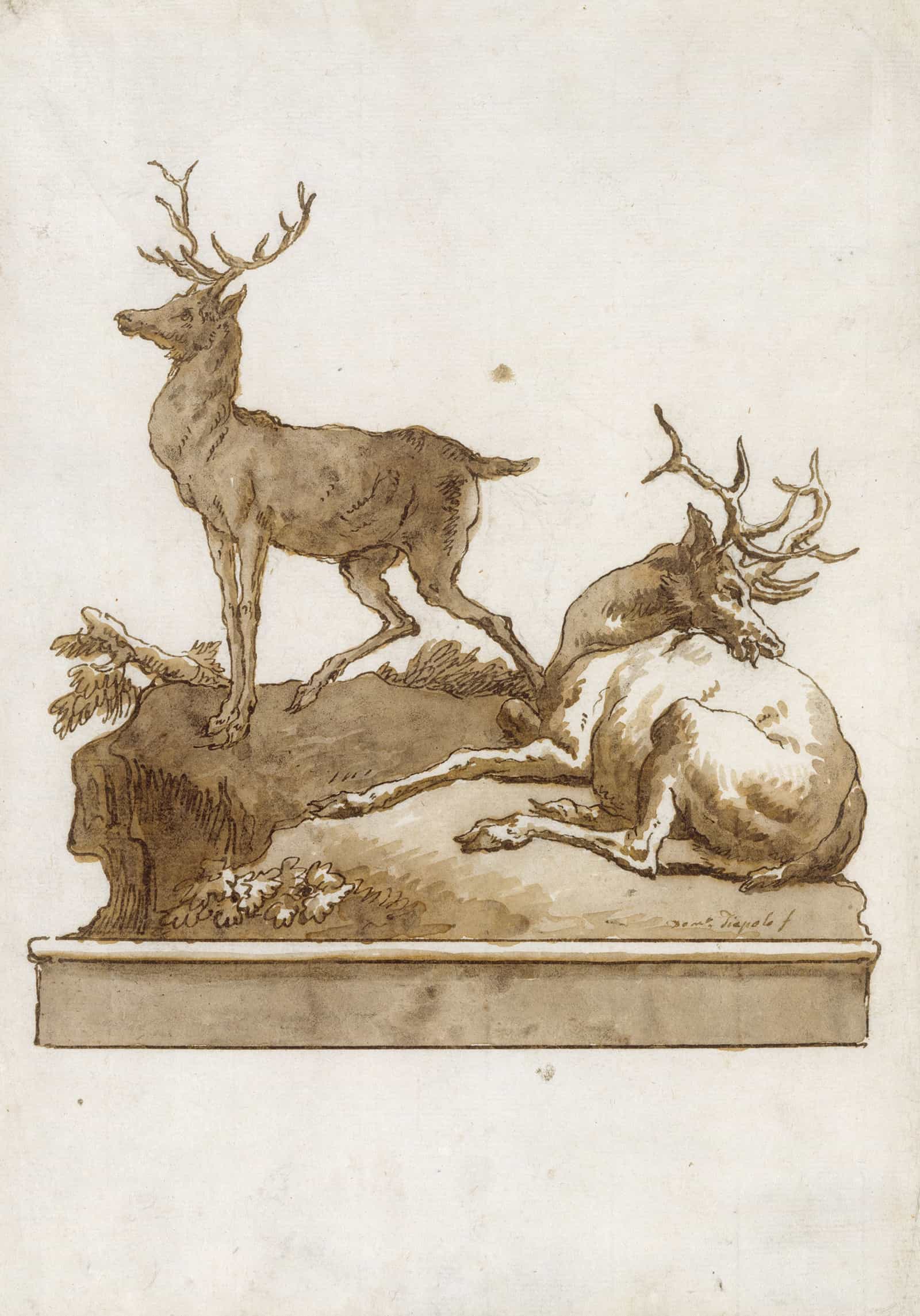 Two Stags One Standing And One Lying On A Grassy Knoll With A Base After by Giovanni Domenico Tiepolo