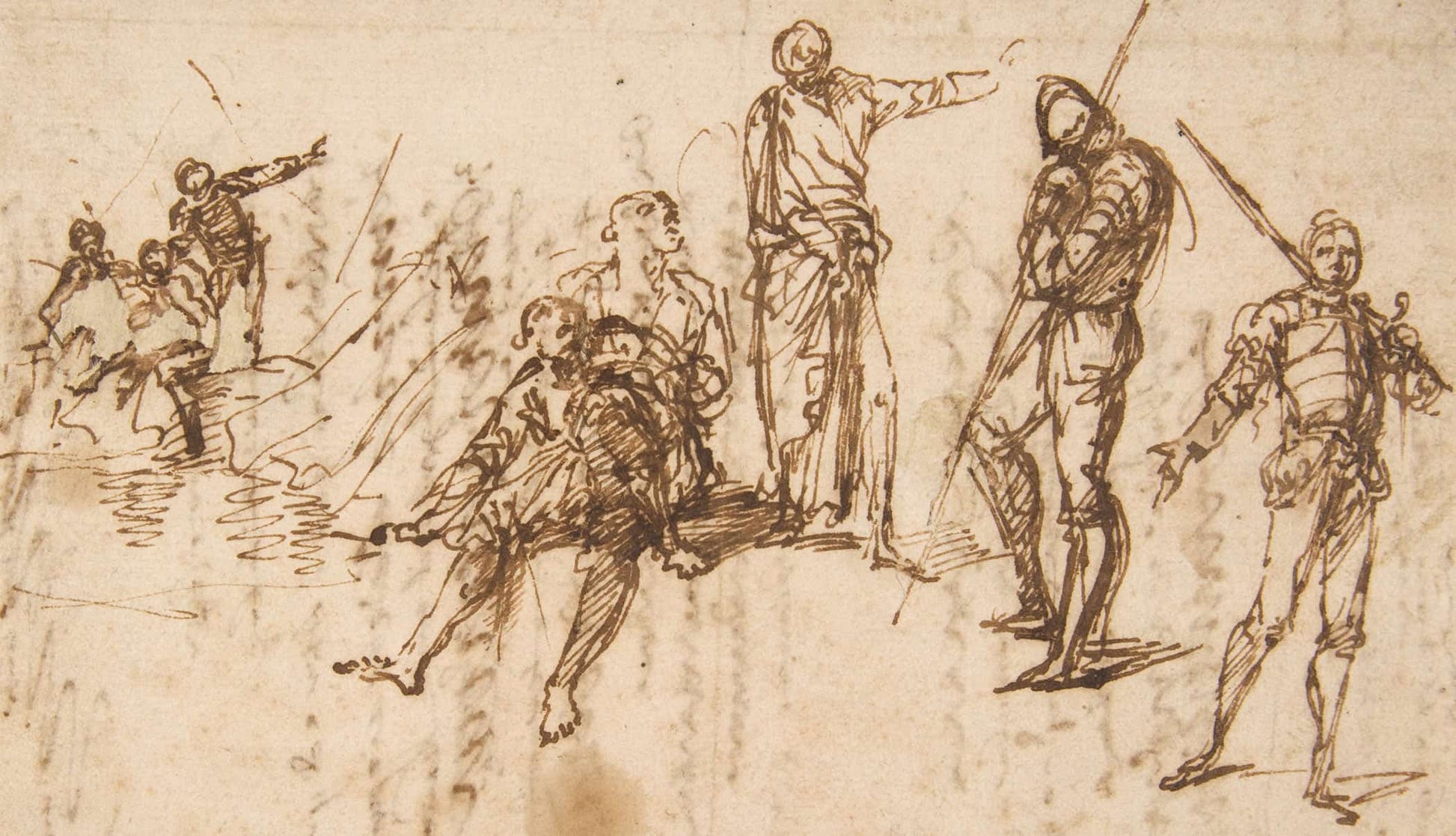 Two Standing Soldiers And Six Other Figures   by Salvator Rosa