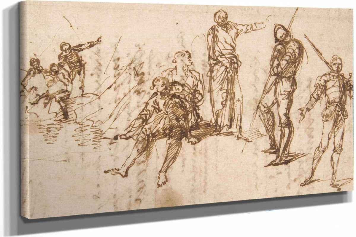 Two Standing Soldiers And Six Other Figures   by Salvator Rosa