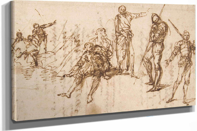 Two Standing Soldiers And Six Other Figures   by Salvator Rosa