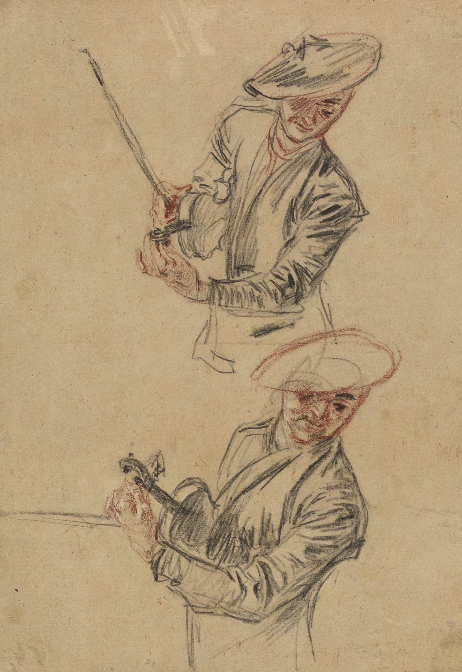 Two Studies Of A Violinist Tuning His Instrument by Jean Antoine Watteau