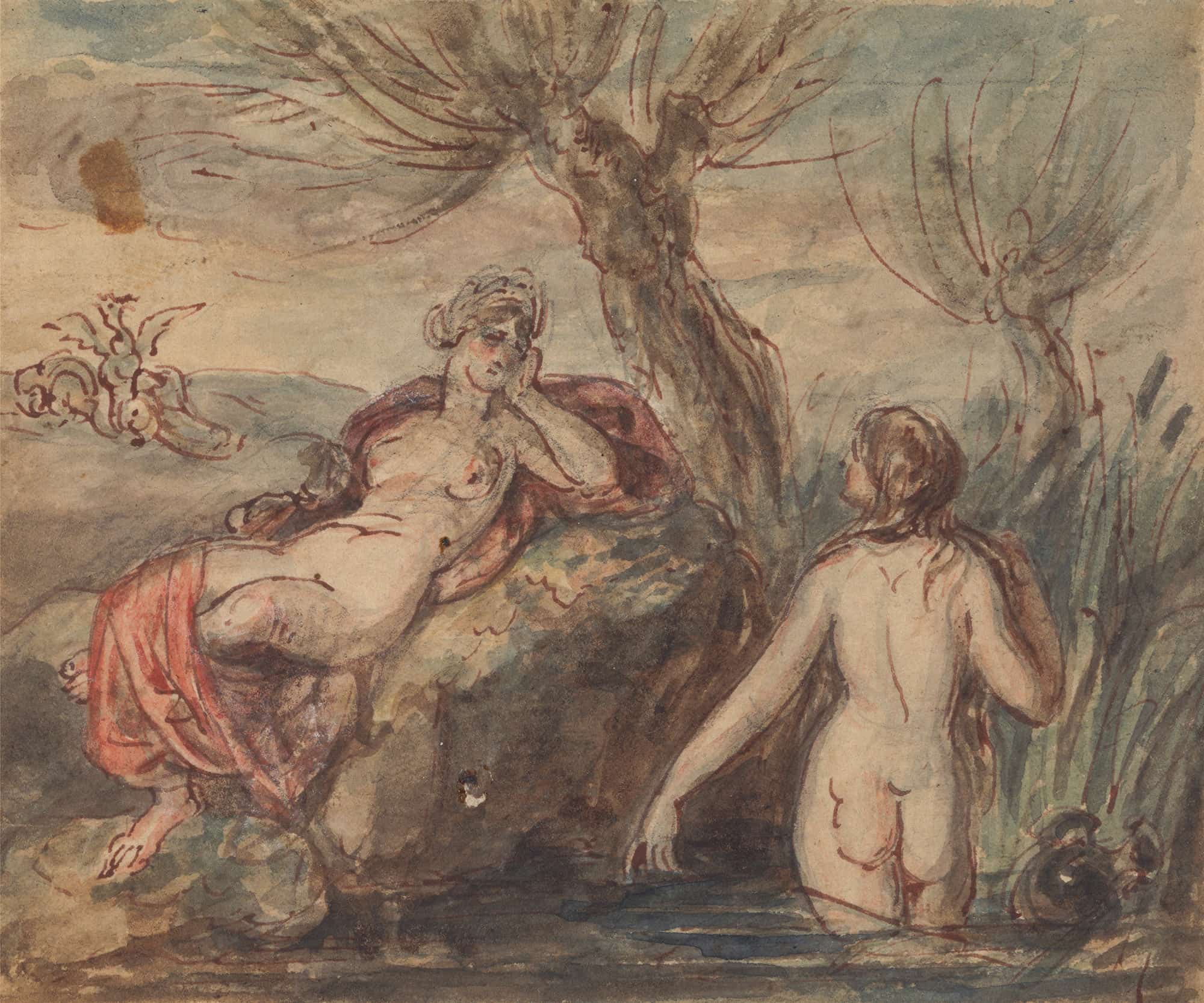 Two Women Enjoying Their Time By A Stream by Robert Smirke