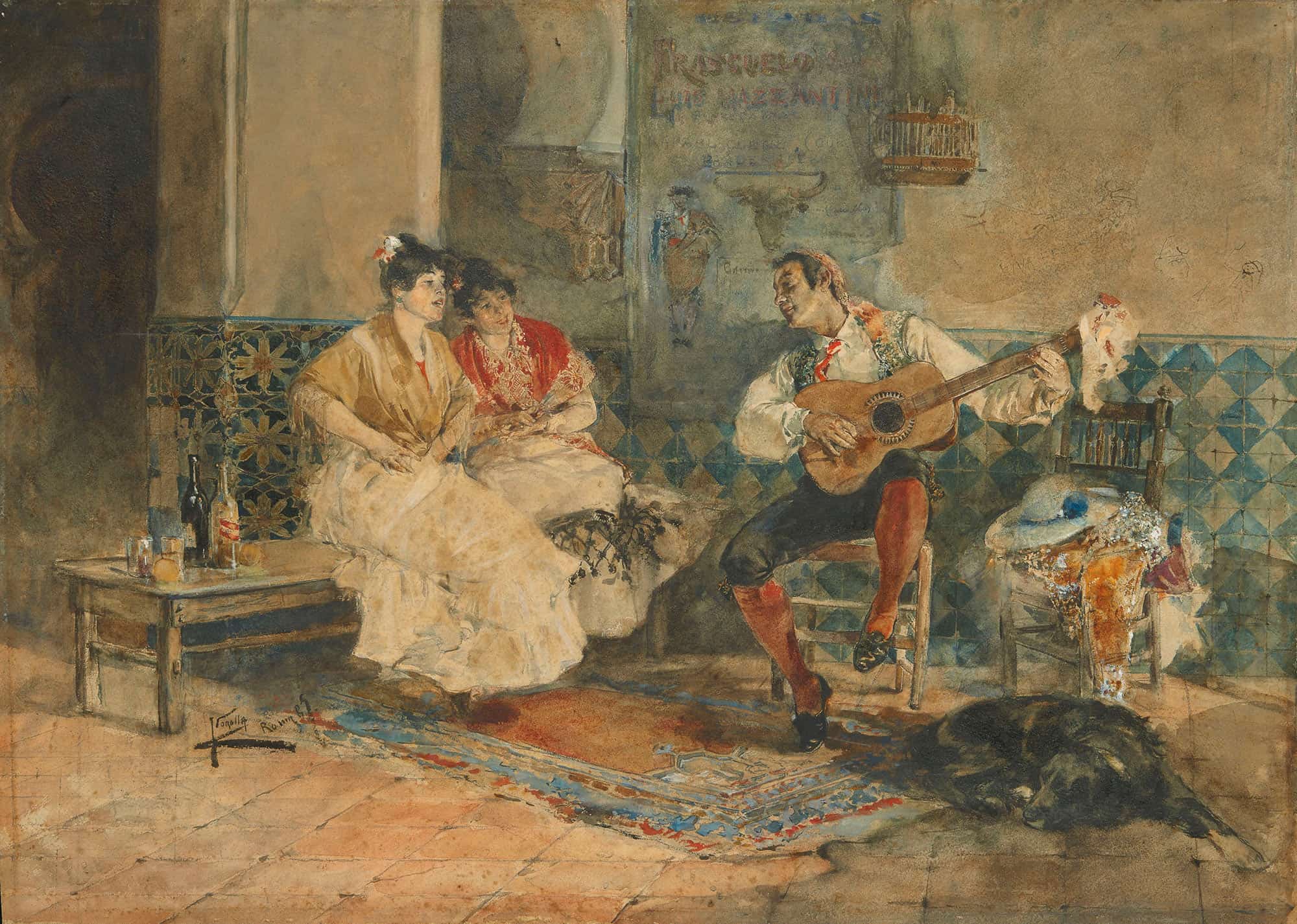 Two Women In An Interior Listening To A Guitarist by Joaquin Sorolla