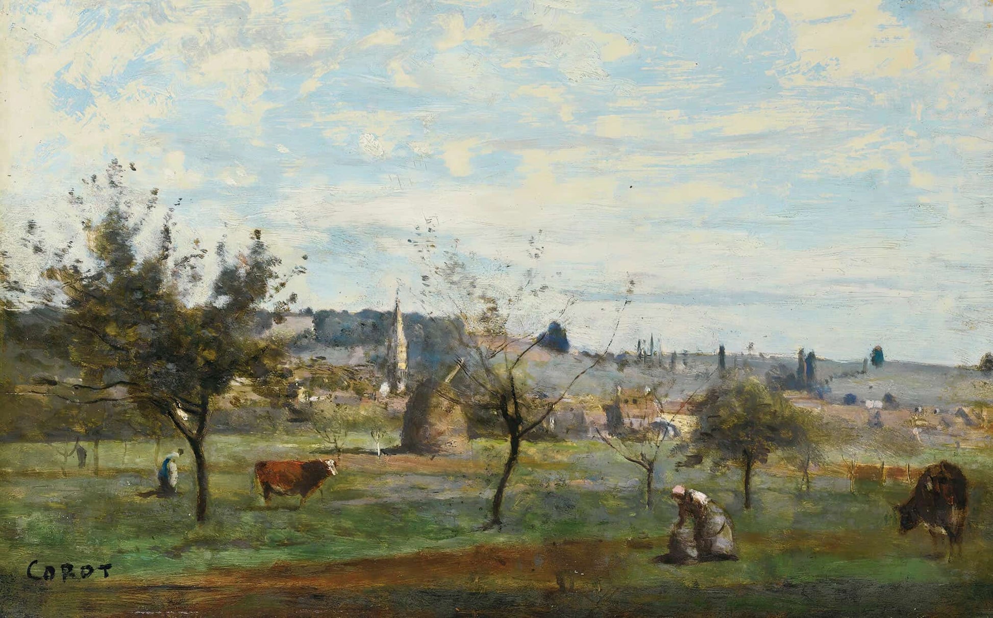 Un Village Des Environs De Mantes  by Jean Baptiste Camille Corot
