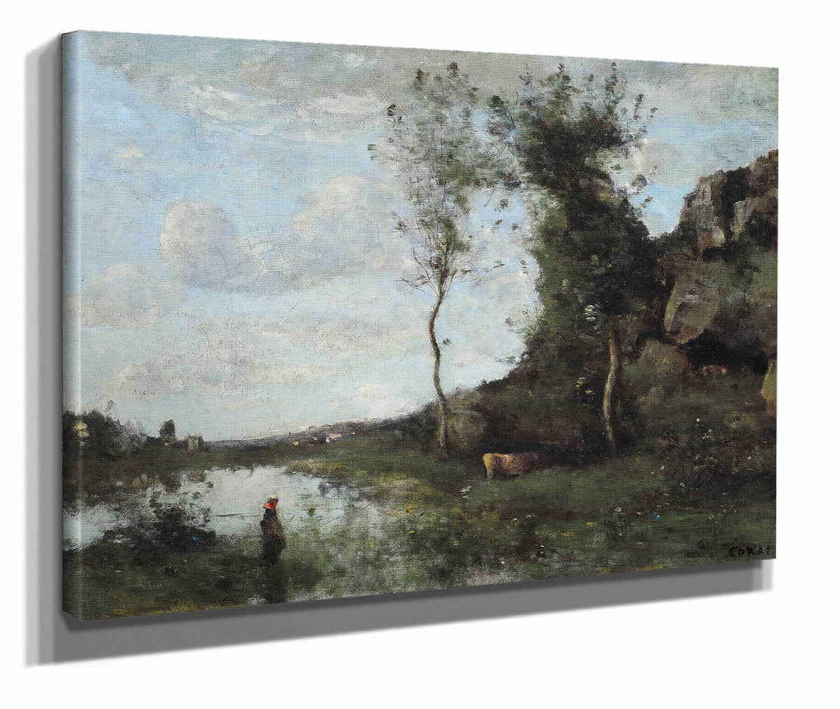 Une Paysanne Et Sa Vache A La Mare En Vue Dun Village by Jean Baptiste Camille Corot