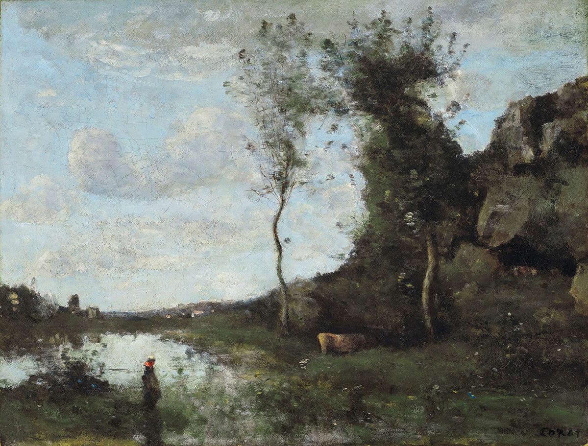 Une Paysanne Et Sa Vache A La Mare En Vue Dun Village by Jean Baptiste Camille Corot