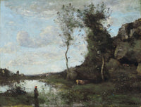Une Paysanne Et Sa Vache A La Mare En Vue Dun Village by Jean Baptiste Camille Corot