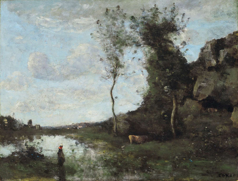 Une Paysanne Et Sa Vache A La Mare En Vue Dun Village by Jean Baptiste Camille Corot
