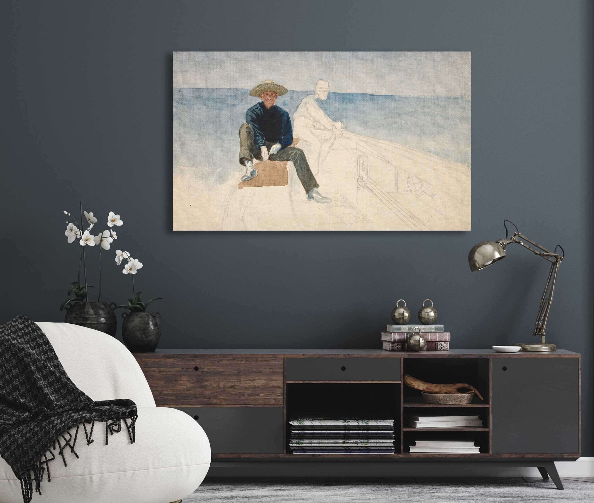 Unfinished Drawing Of Two Men Sailing by Edwin Austin Abbey