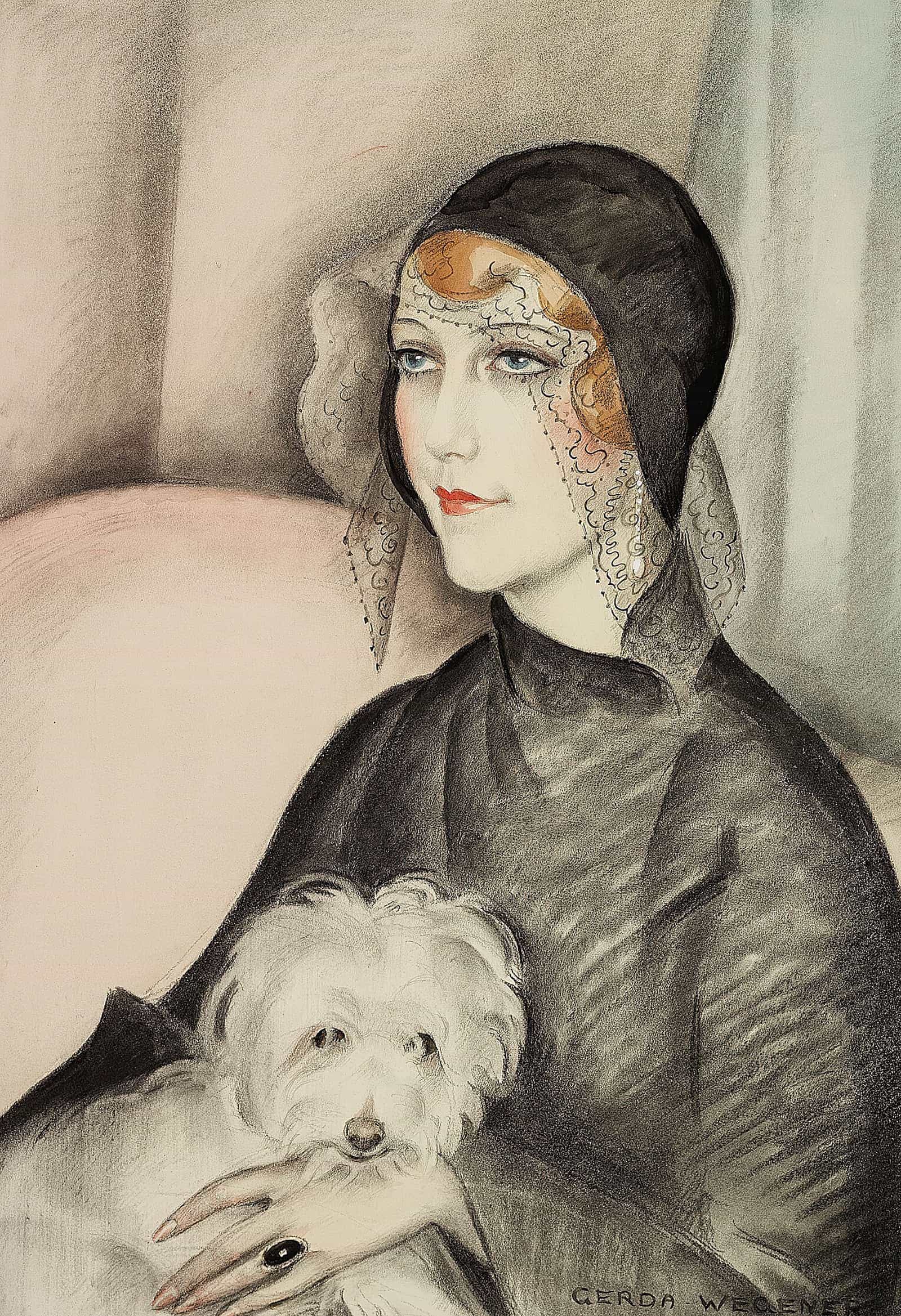 Ung Dame Med Sort Klokkehat Og Lille Hvid Skodehund by Gerda Wegener