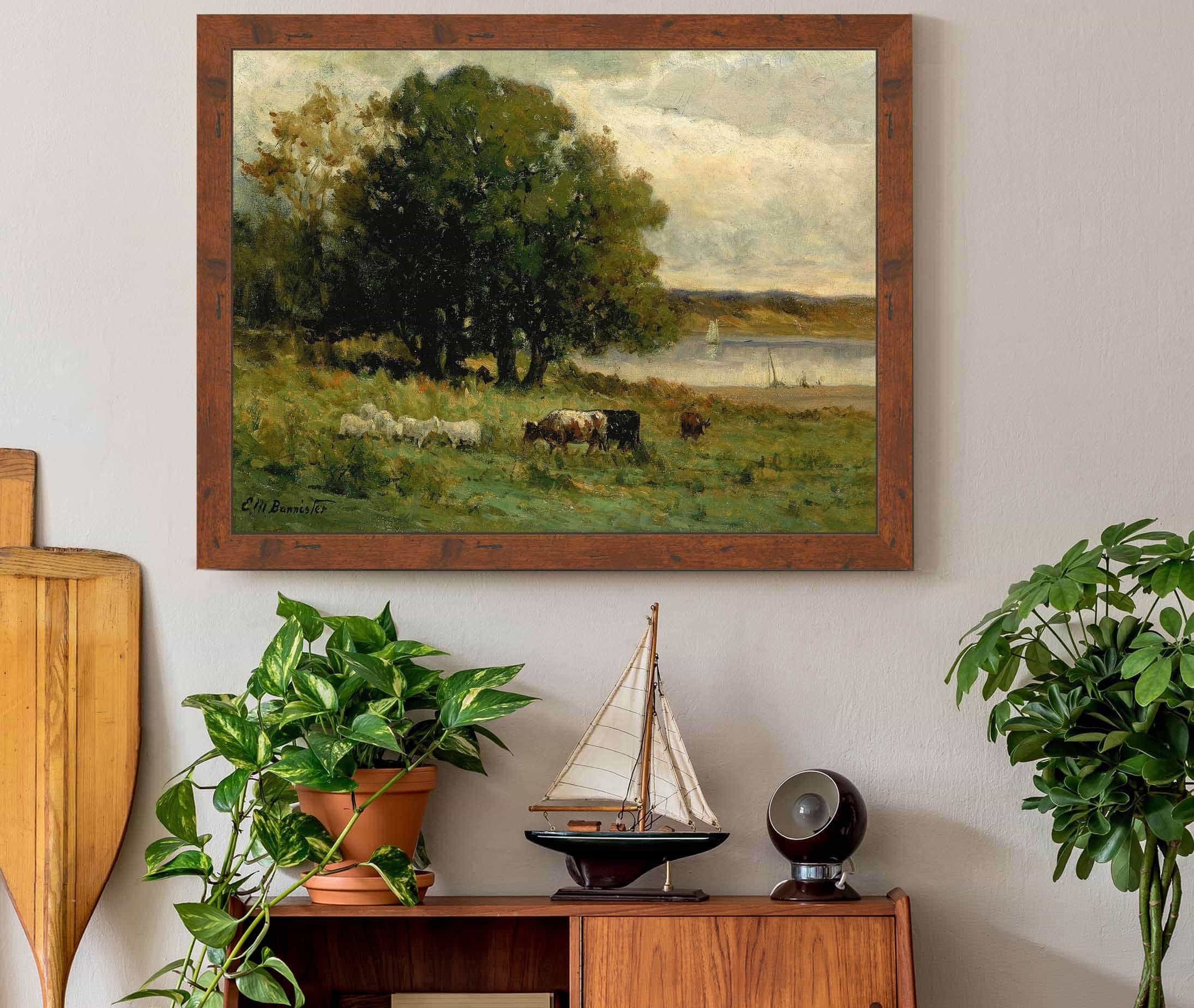 Untitled Cattle Near River With Sailboat In Distance by Edward Mitchell Bannister