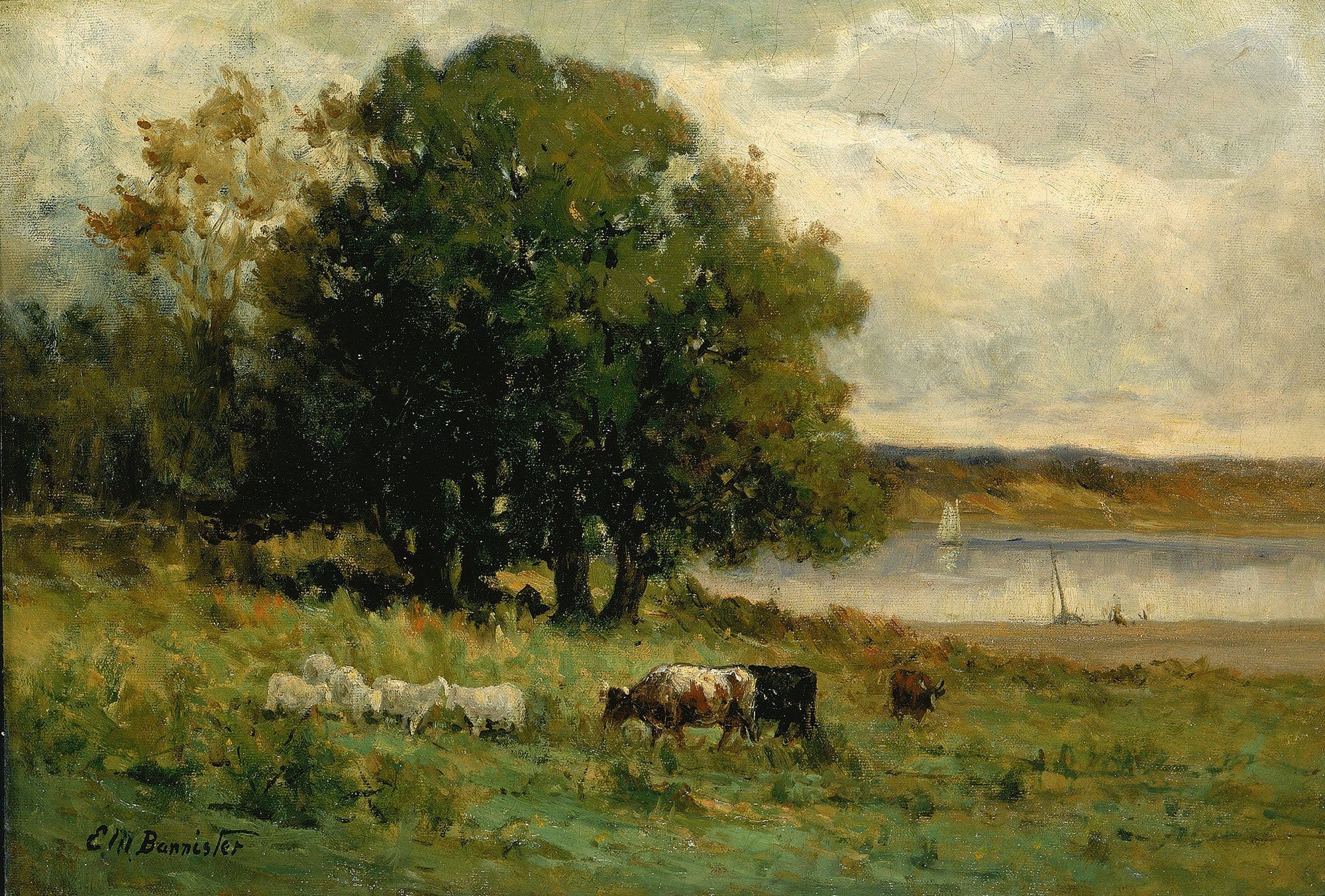 Untitled Cattle Near River With Sailboat In Distance by Edward Mitchell Bannister