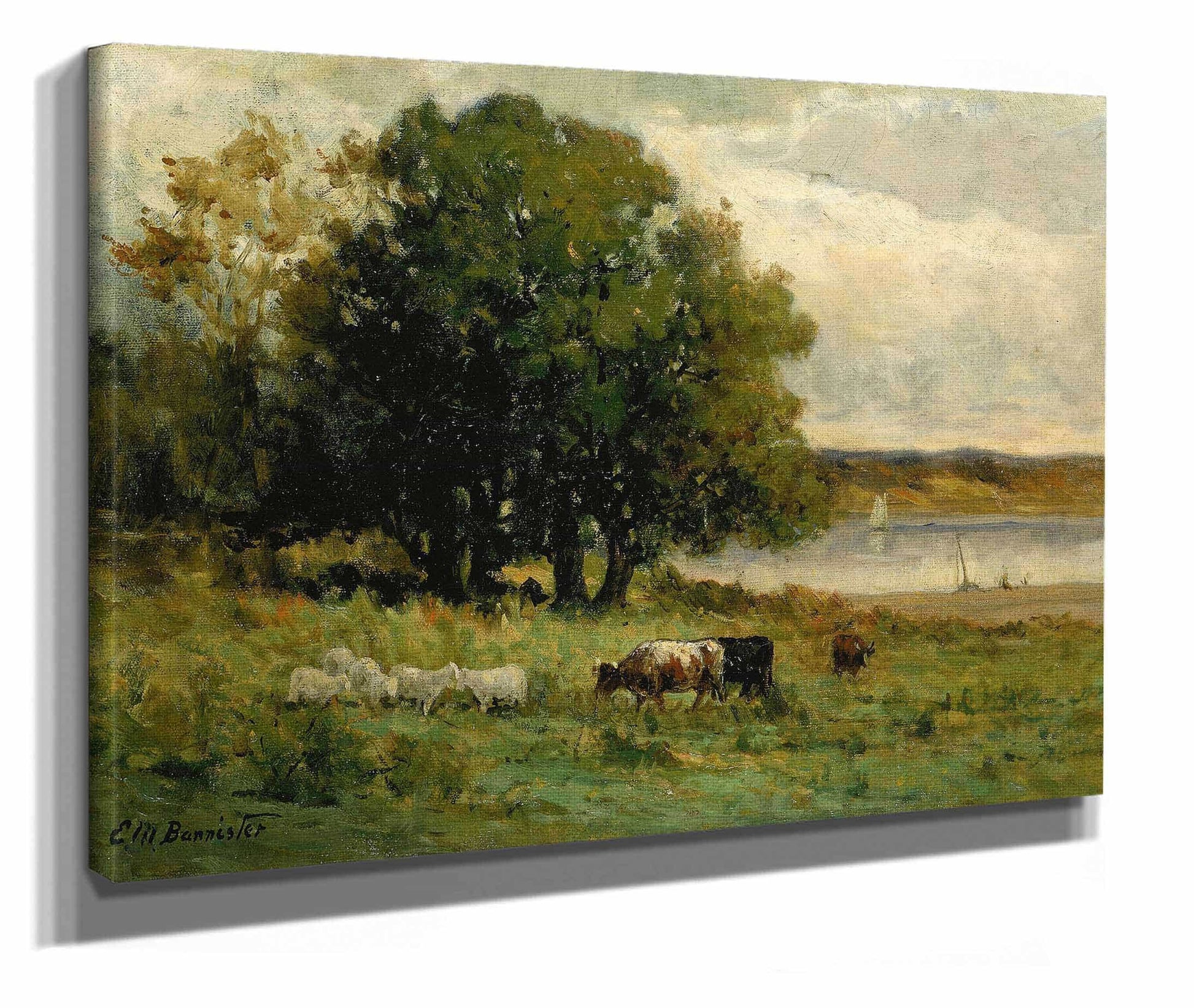 Untitled Cattle Near River With Sailboat In Distance by Edward Mitchell Bannister