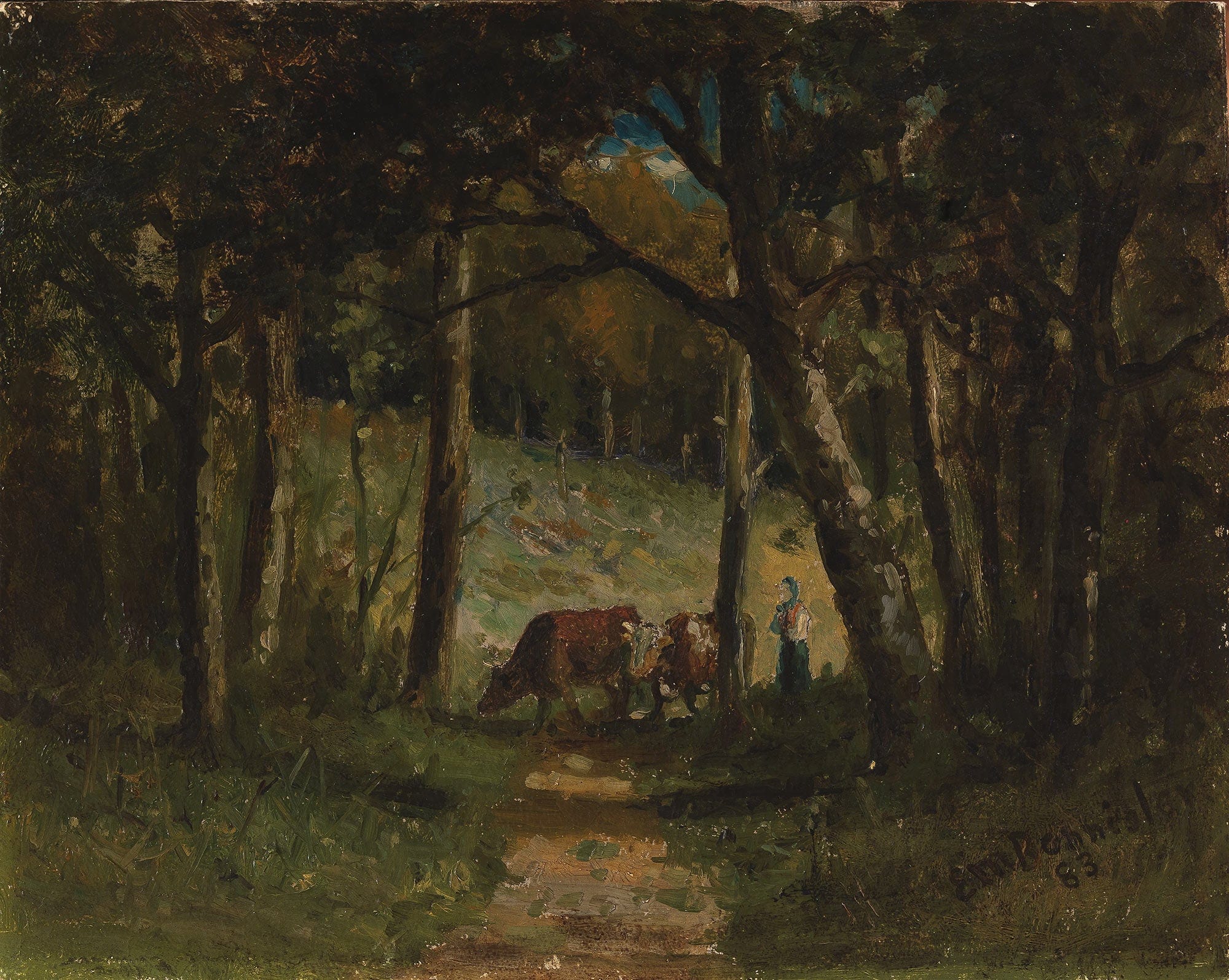 Untitled Cows On Path In Forest by Edward Mitchell Bannister