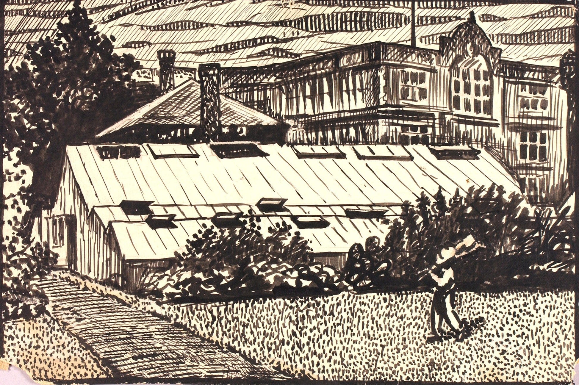 Untitled Figure And Buildings by Henry Lyman Sayen