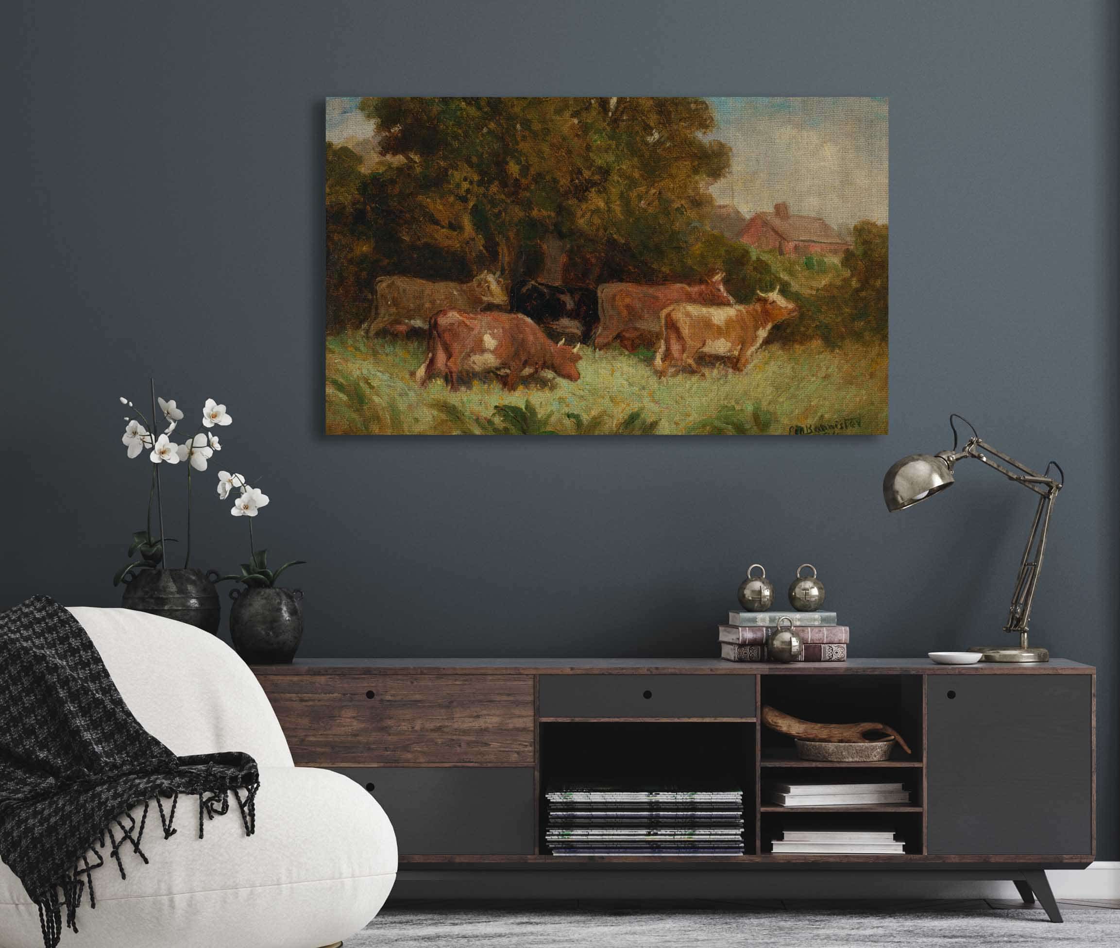 Untitled Five Cows In Pasture Rooftop In Background by Edward Mitchell Bannister