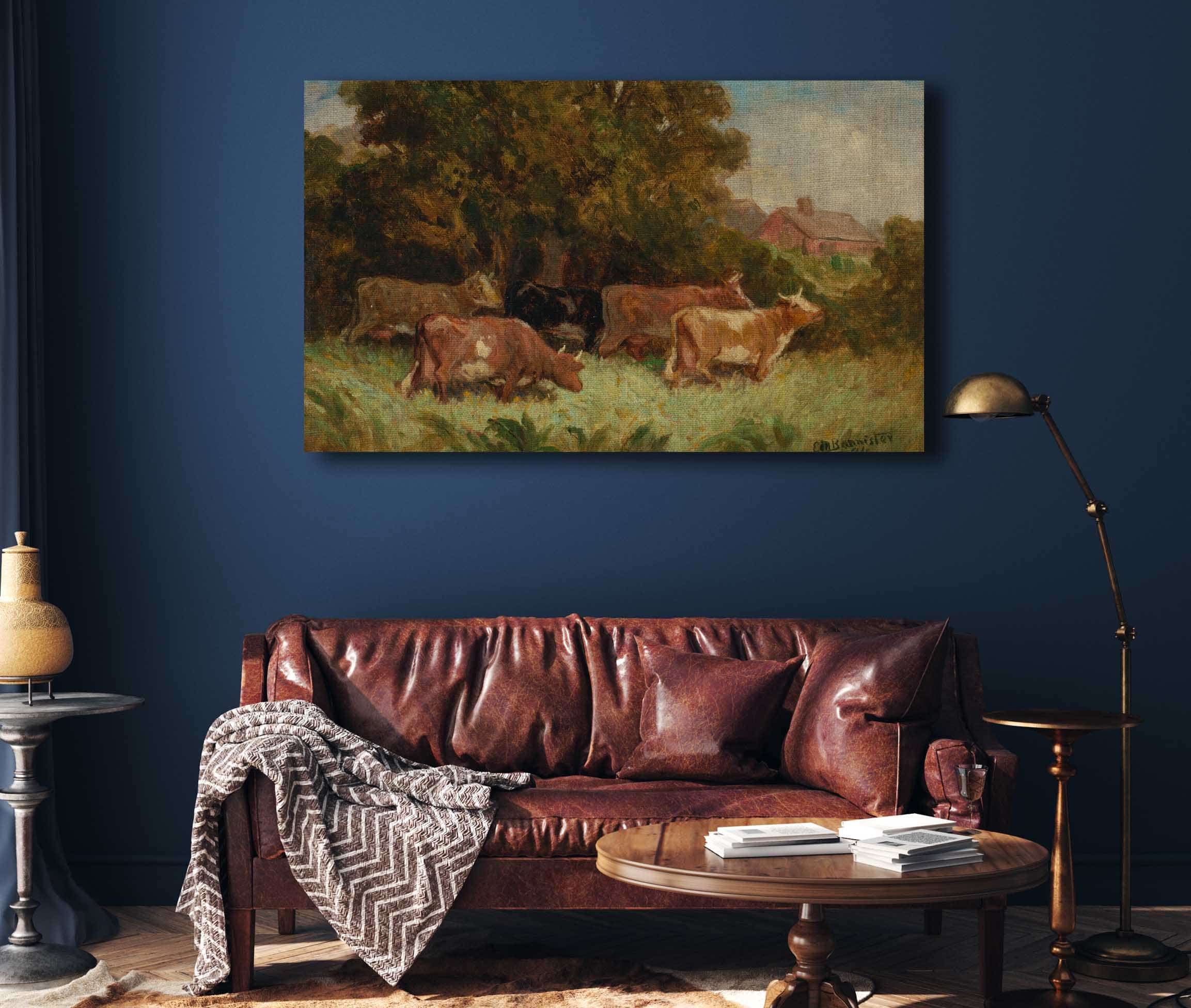 Untitled Five Cows In Pasture Rooftop In Background by Edward Mitchell Bannister