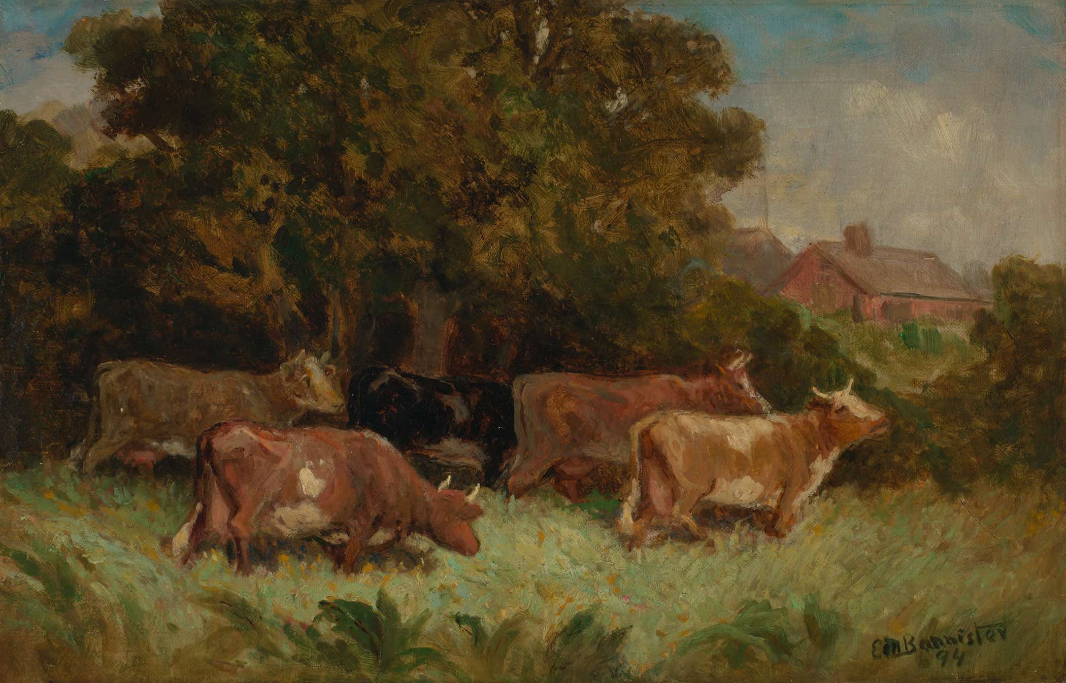 Untitled Five Cows In Pasture Rooftop In Background by Edward Mitchell Bannister