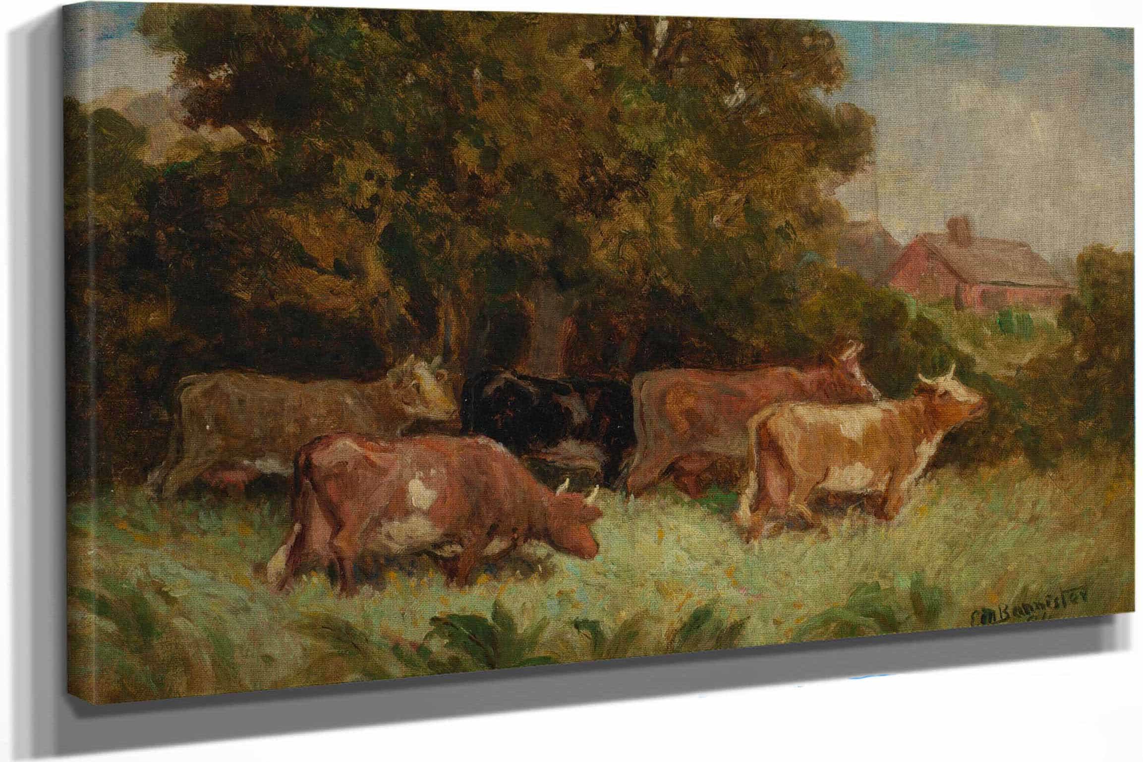 Untitled Five Cows In Pasture Rooftop In Background by Edward Mitchell Bannister