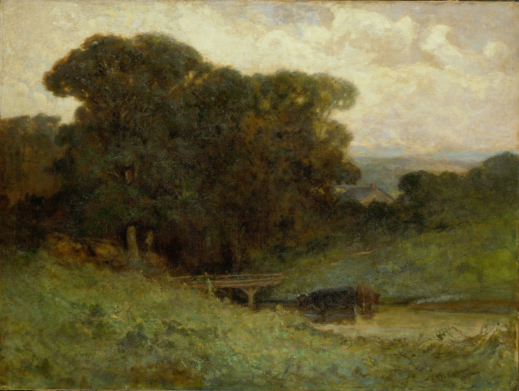 Untitled Forest Scene With Bridge Cows In Stream In Foreground by Edward Mitchell Bannister
