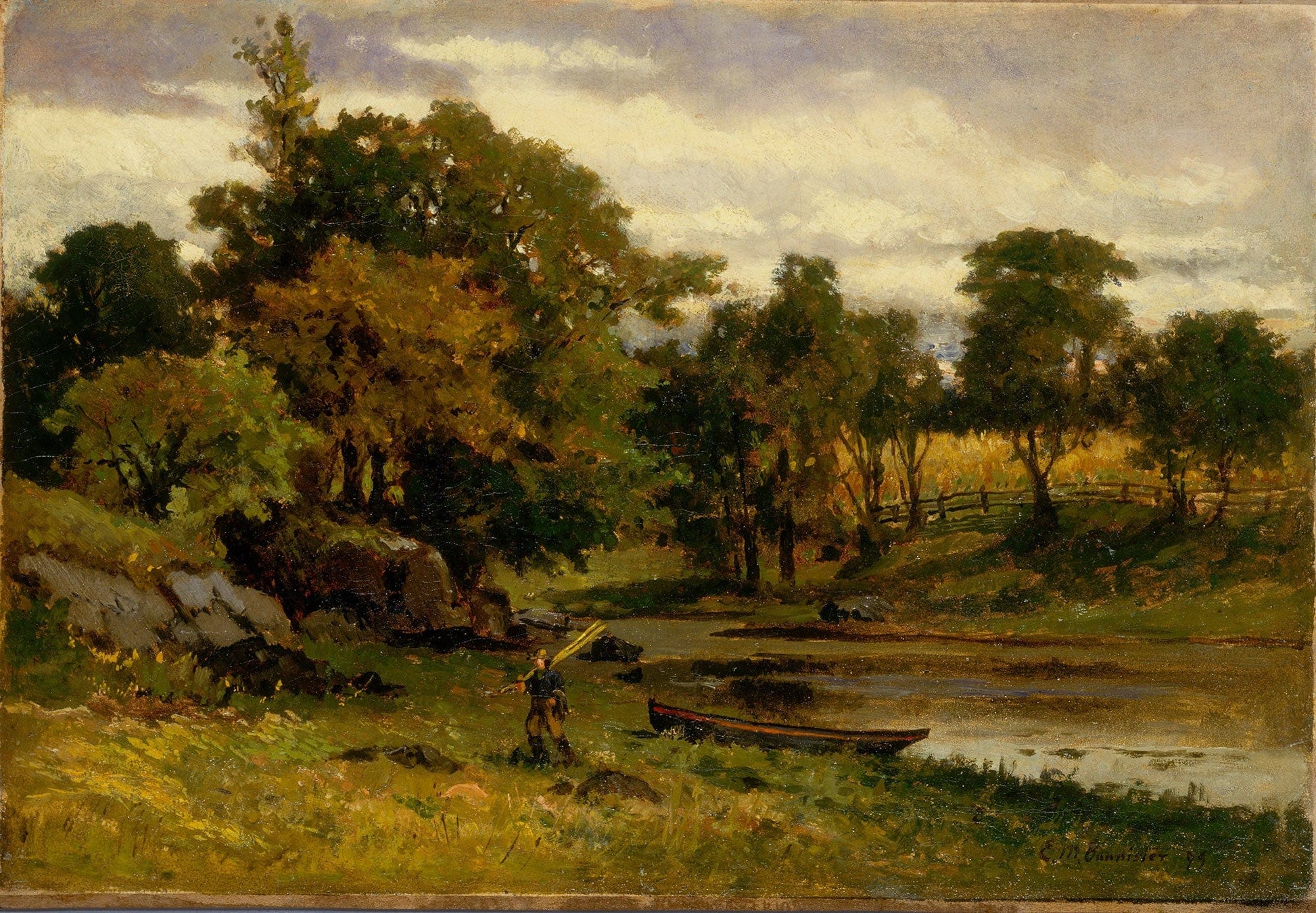 Untitled Landscape Boat Moored Near Stream Man Walking In Foreground by Edward Mitchell Bannister