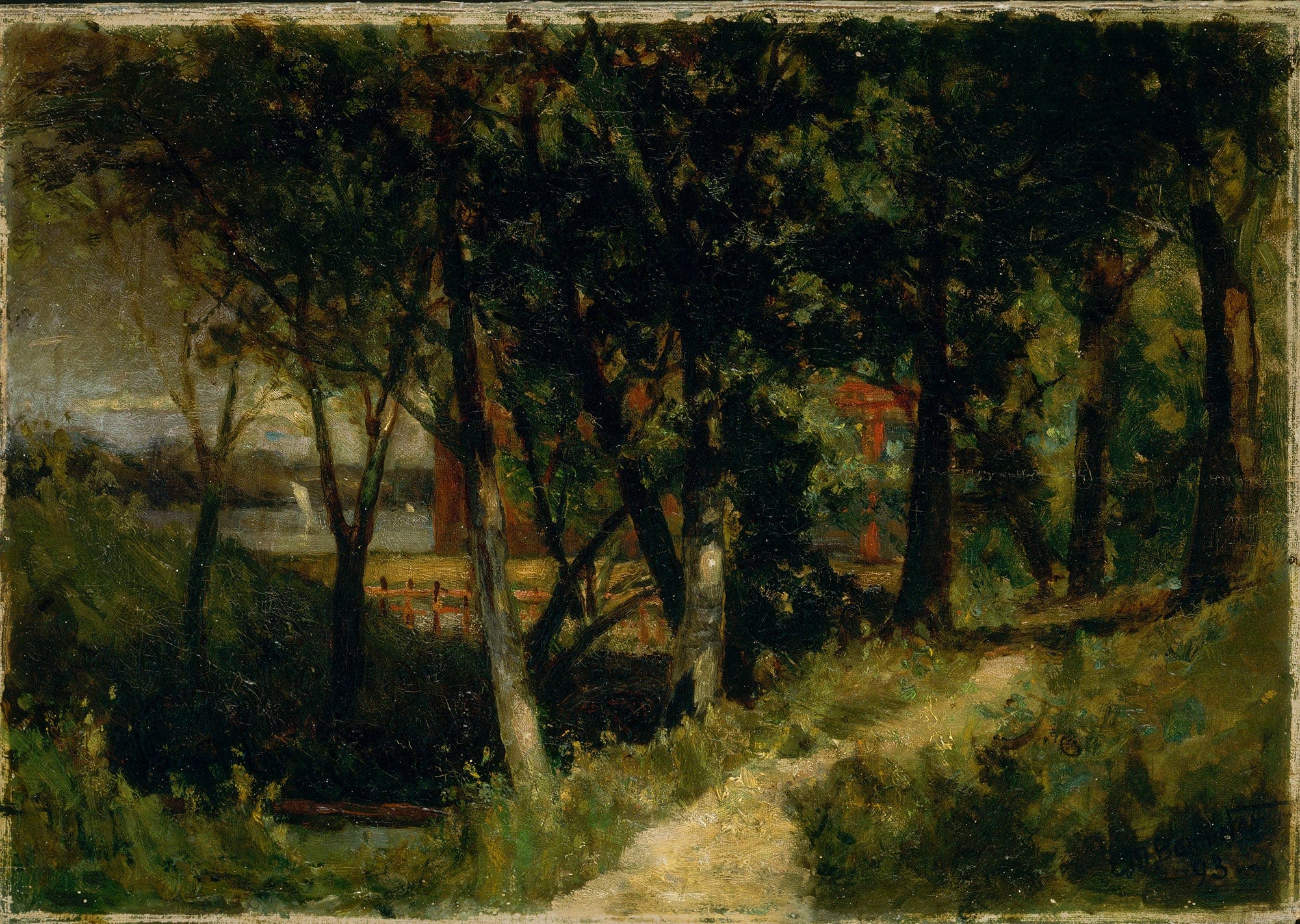 Untitled Landscape Forest Scene With Red Fence And Building by Edward Mitchell Bannister