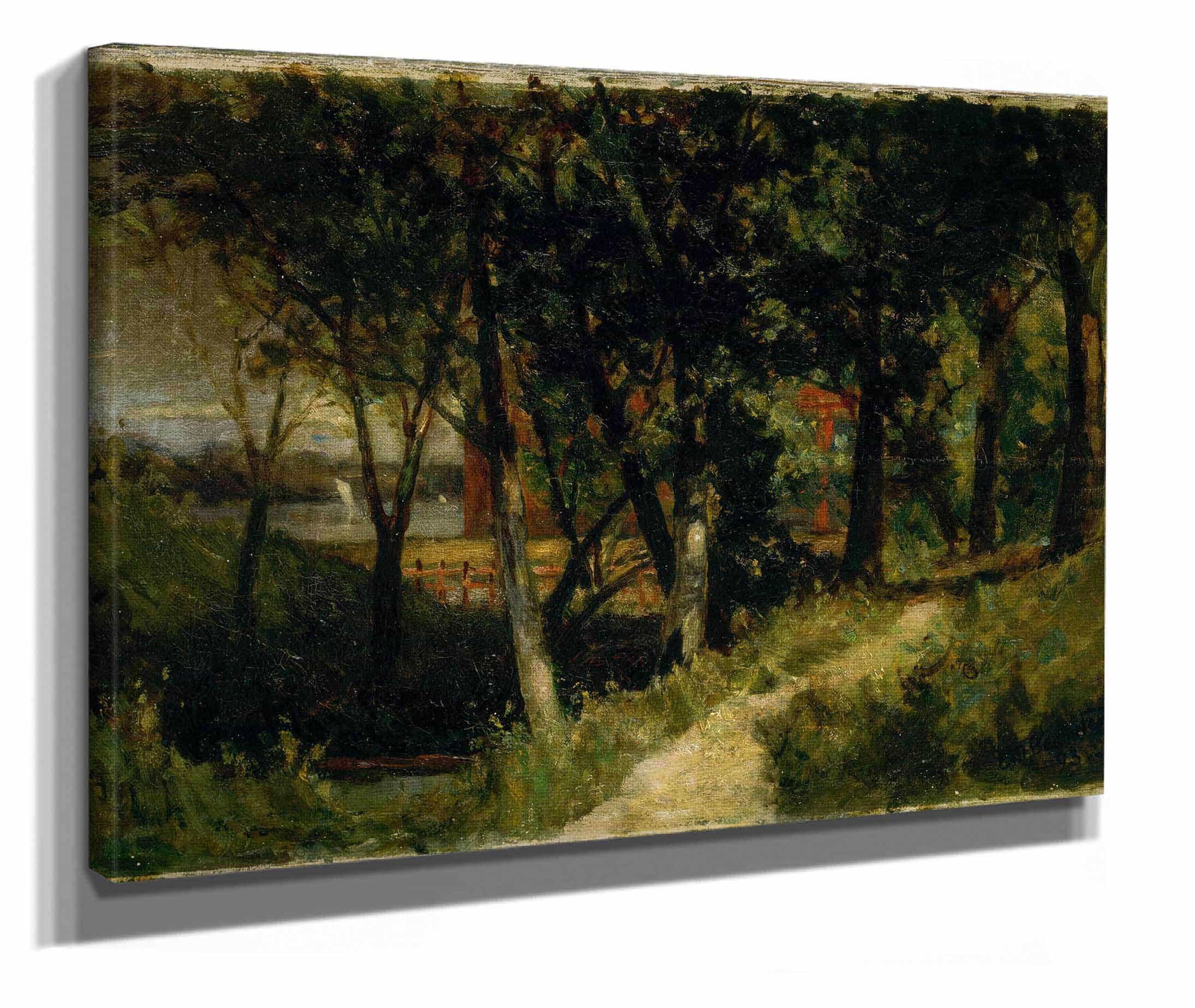 Untitled Landscape Forest Scene With Red Fence And Building by Edward Mitchell Bannister