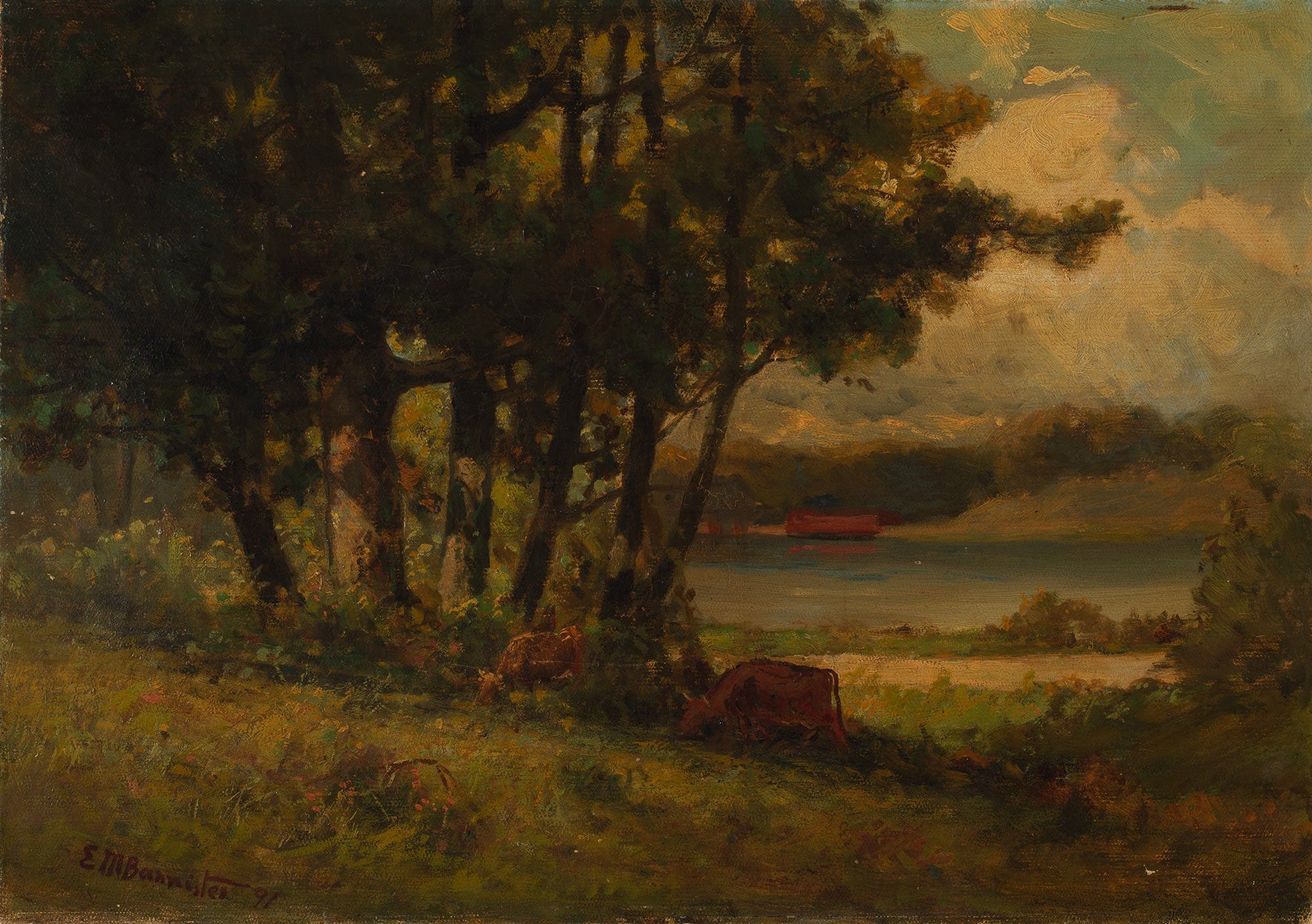 Untitled Landscape With Cows Grazing Near River by Edward Mitchell Bannister