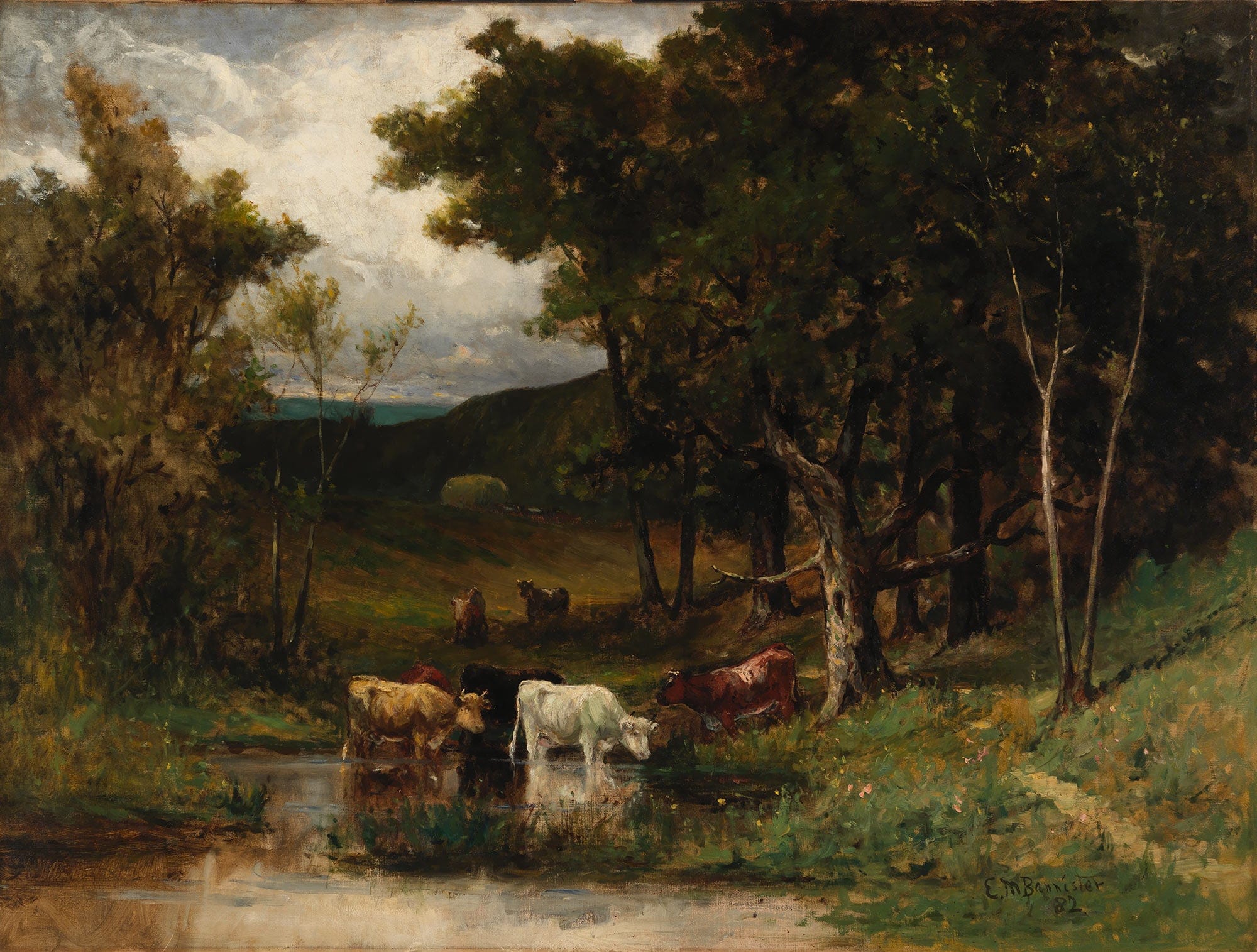 Untitled Landscape With Cows In Stream Near Trees by Edward Mitchell Bannister