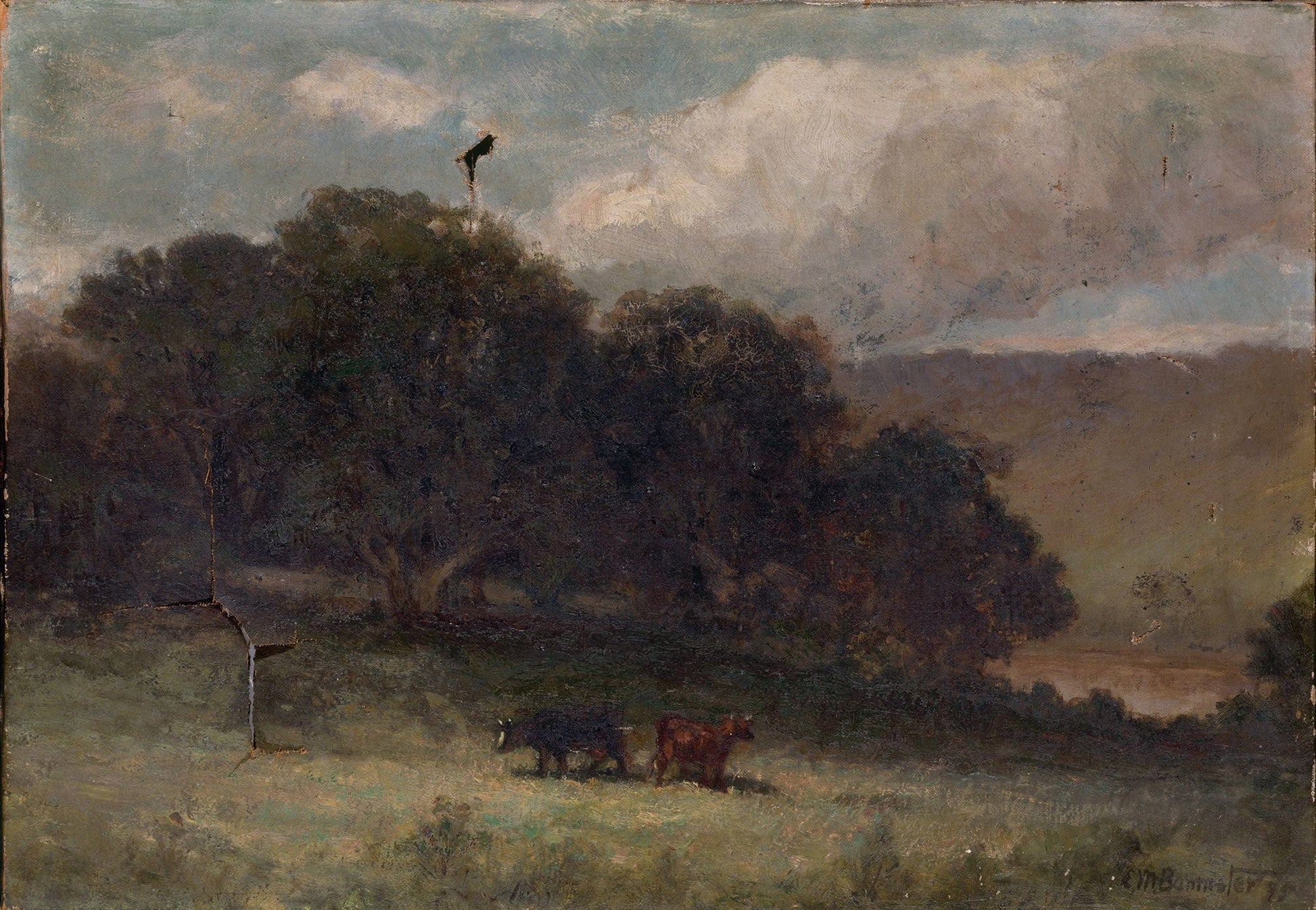 Untitled Landscape With Trees And Two Cows In Meadow by Edward Mitchell Bannister
